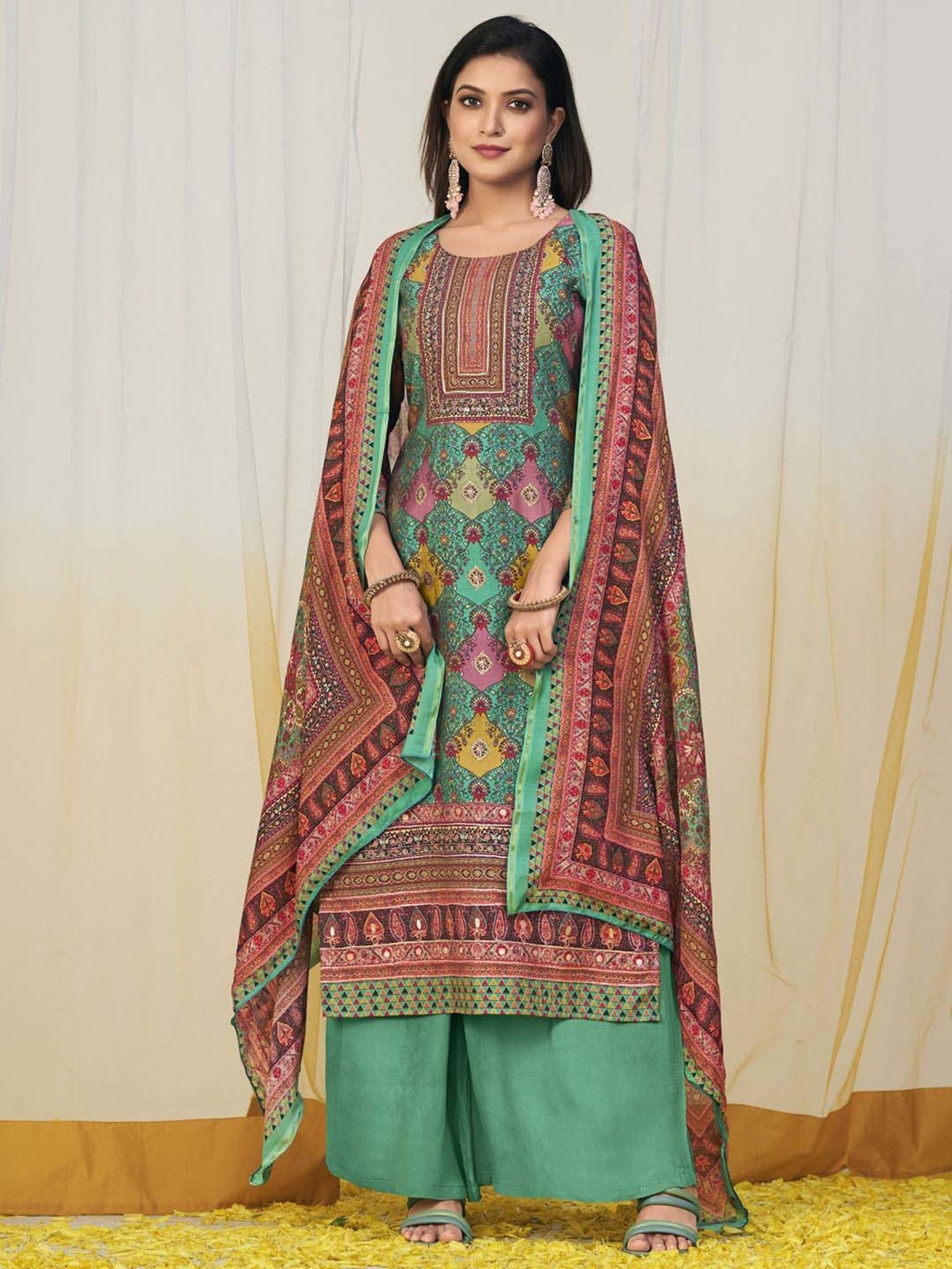 Stylee LIFESTYLE Green Printed Unstitched Dress Material