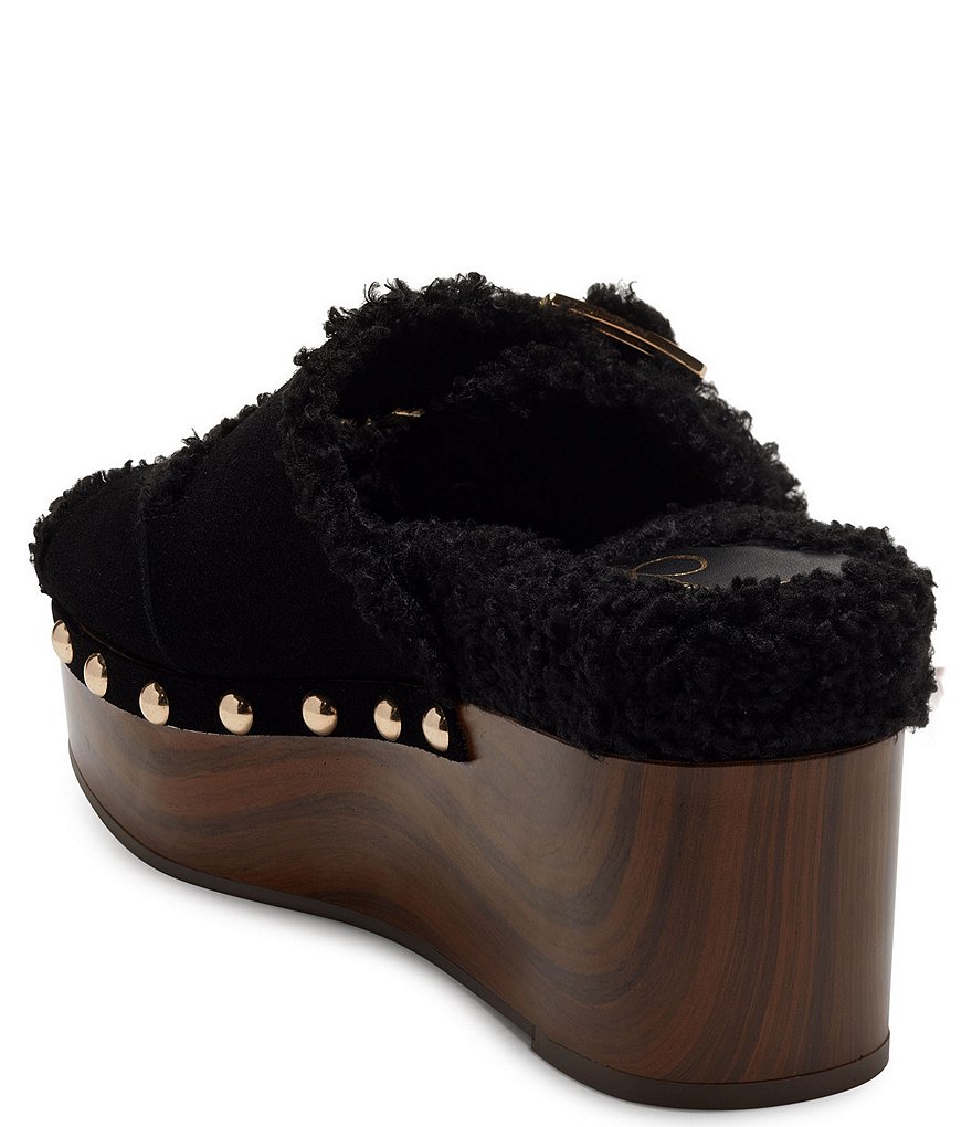 Jessica Simpson Cyriss Suede Faux Shearling Studded Buckle Wedges