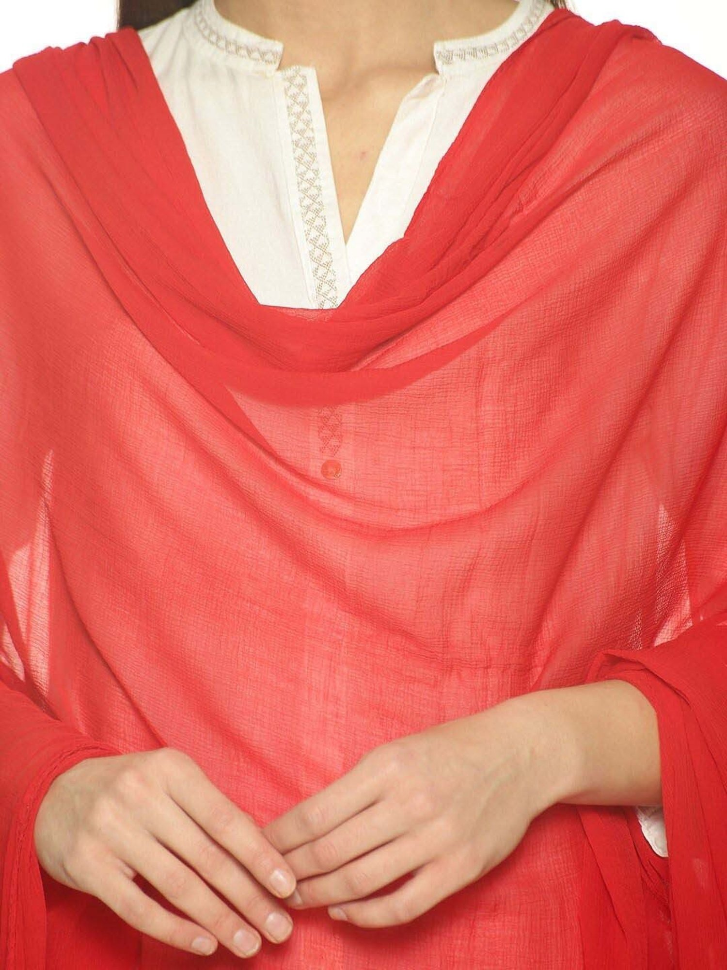 TWIN BIRDS Red & White Plain Dupatta - Pack Of 2