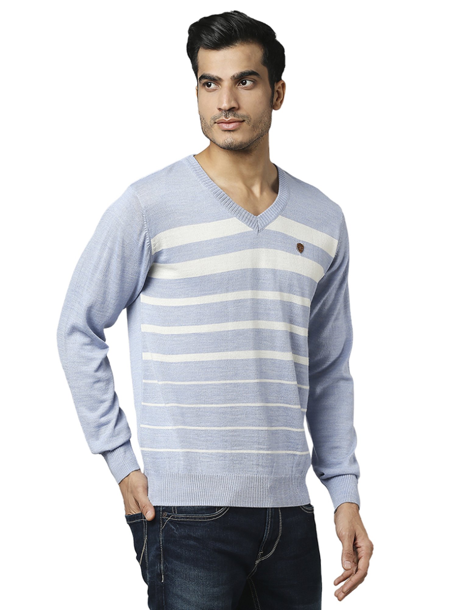 Raymond Blue  Regular Fit Striped Sweaters