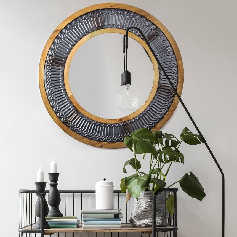 31" Round Rustic Wood/Metal Framed Decorative Wall Mirror - Crystal Art Gallery