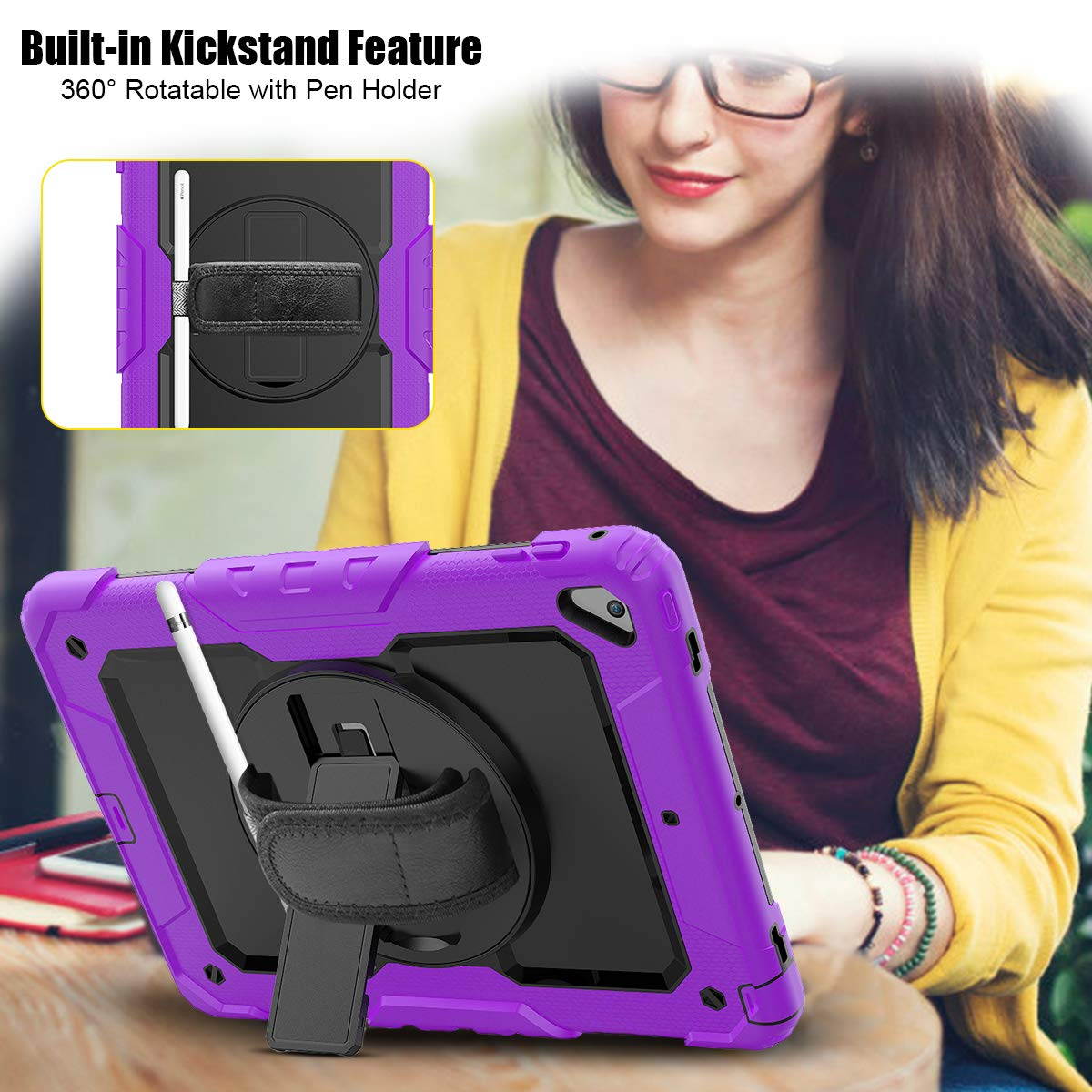 IPad 5th/6th Generation Case,Shockproof, Drop proof, 360 Degree Rotation Kickstand, Hand Strap,Shoulder Strip to Hang in Car Seat.Built-in Screen Protector for New iPad 9.7 2018/2017 Case