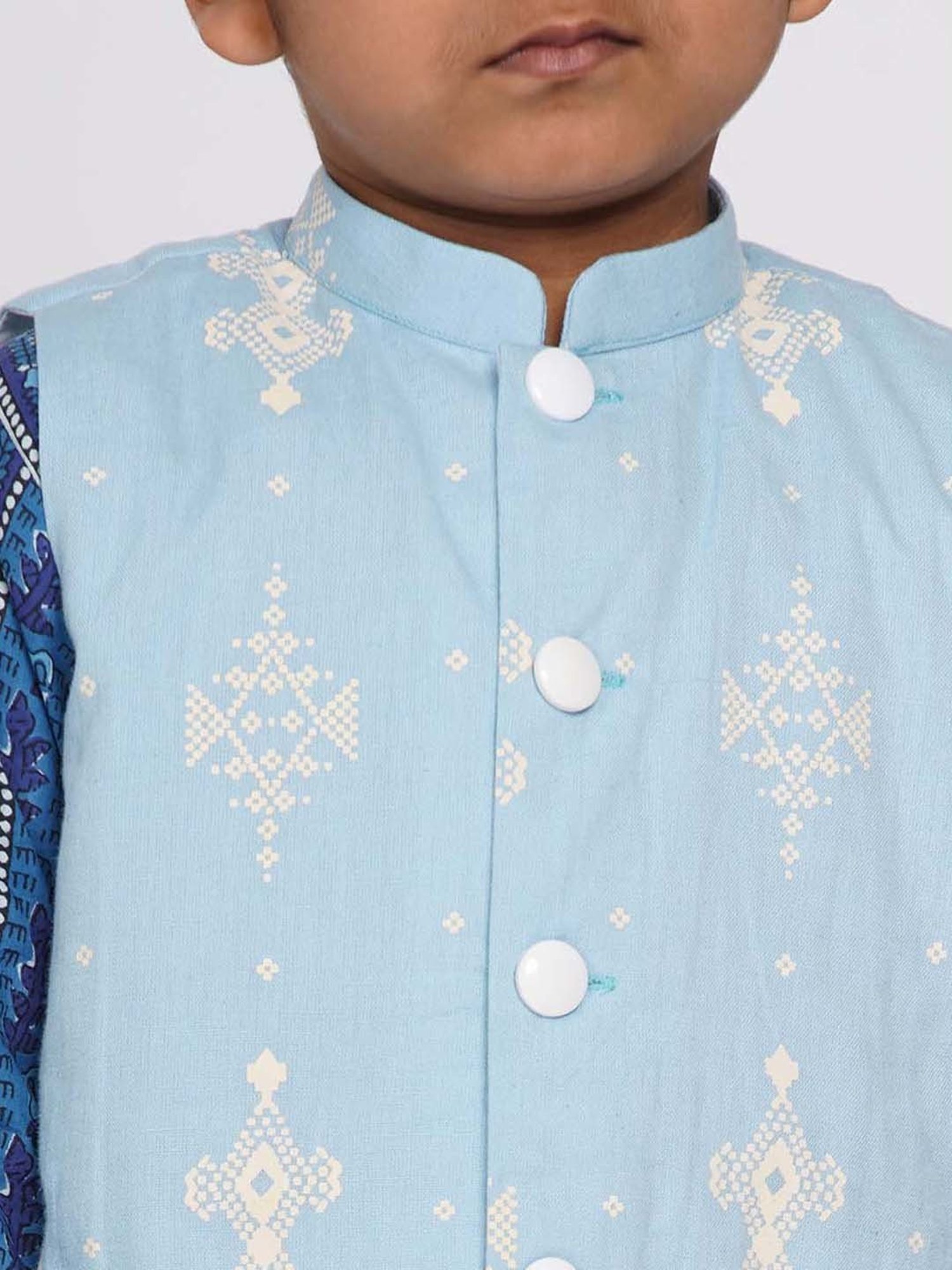 Little Bansi Kids Blue & White Cotton Printed Kurta Set