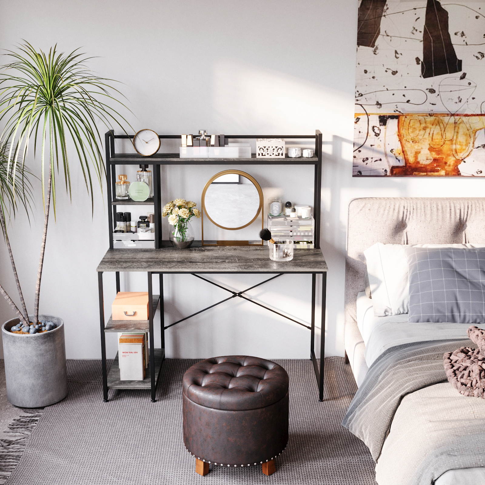 Bestier Computer Desk with Hutch and Shelves 47 Inch, Adjustable Storage Bookshelf Home Office Study Working Table Workstation for Small Space and Bedroom, Modern College Student Desks, Oak