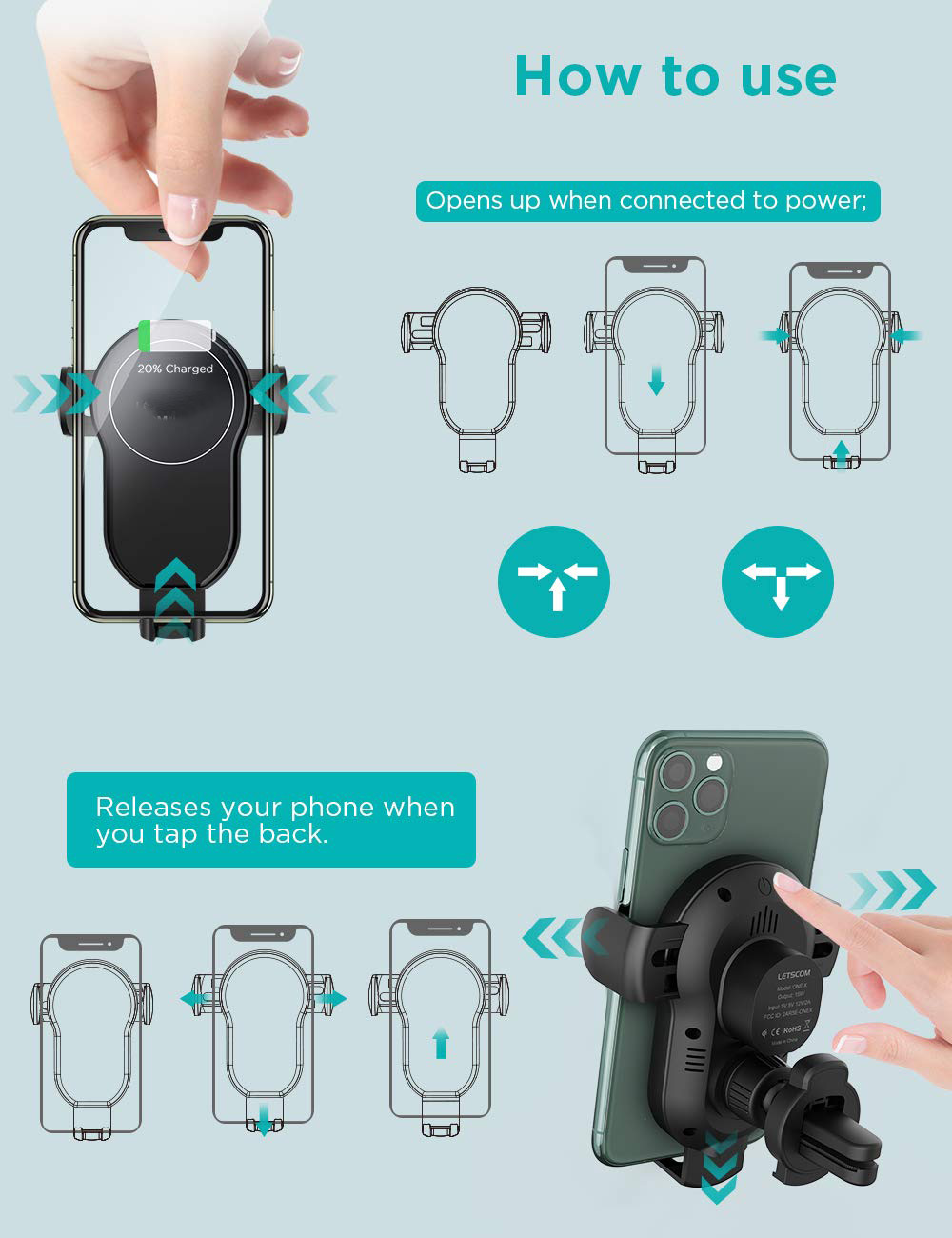 Hannord Wireless Car Charger,15W Qi Fast Charging Car Mount Charger Auto-Clamping Smart Positioning Air Vent Phone Holder Compatible with iPhone11/11Pro/11Pro Max/XS/XR/X/8/8+,SamsungS10/S10+/S9/S8