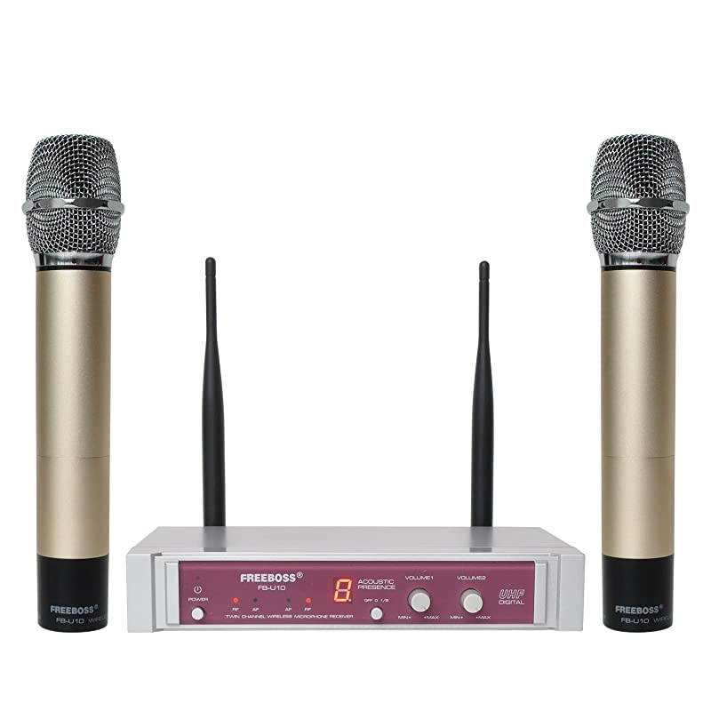 Wireless Microphone system  Dual Channel UHF Wireless Microphone Set with 2 Golden Handhelds Metal Receiver Ideal for Church Meeting Karaoke Wedding FBU10G1