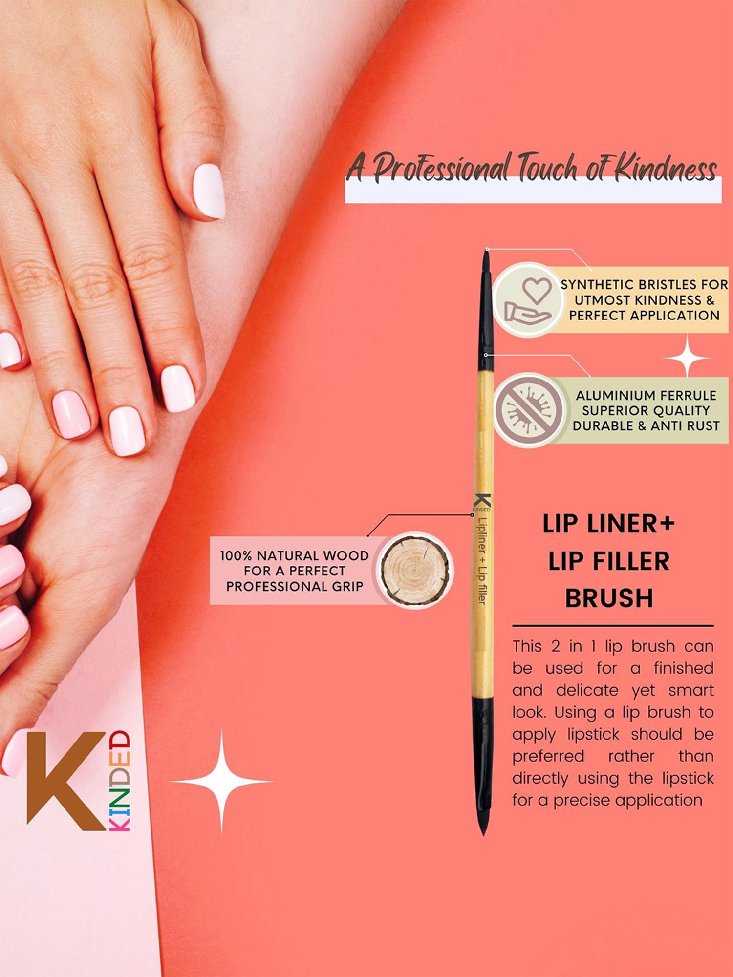 KINDED 2 in 1 Lipliner + Lipfiller Makeup Brush with Natural Wooden Handle