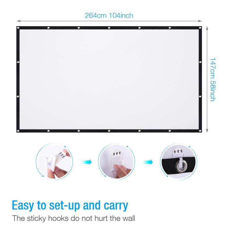 Projector Screen 120" 16:9 Portable Projection HD Foldable Washable Movie Screen for Home Theater Support Double Sided Projection Indoor Outdoor