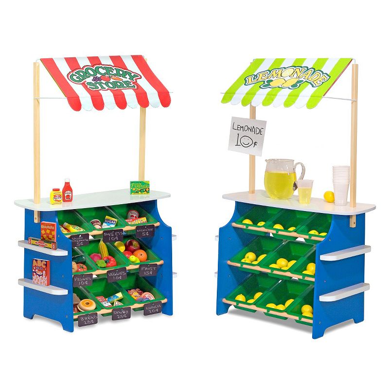 Melissa & Doug Wooden Grocery Store and Lemonade Stand - Reversible Awning, 9 Bins, Chalkboards