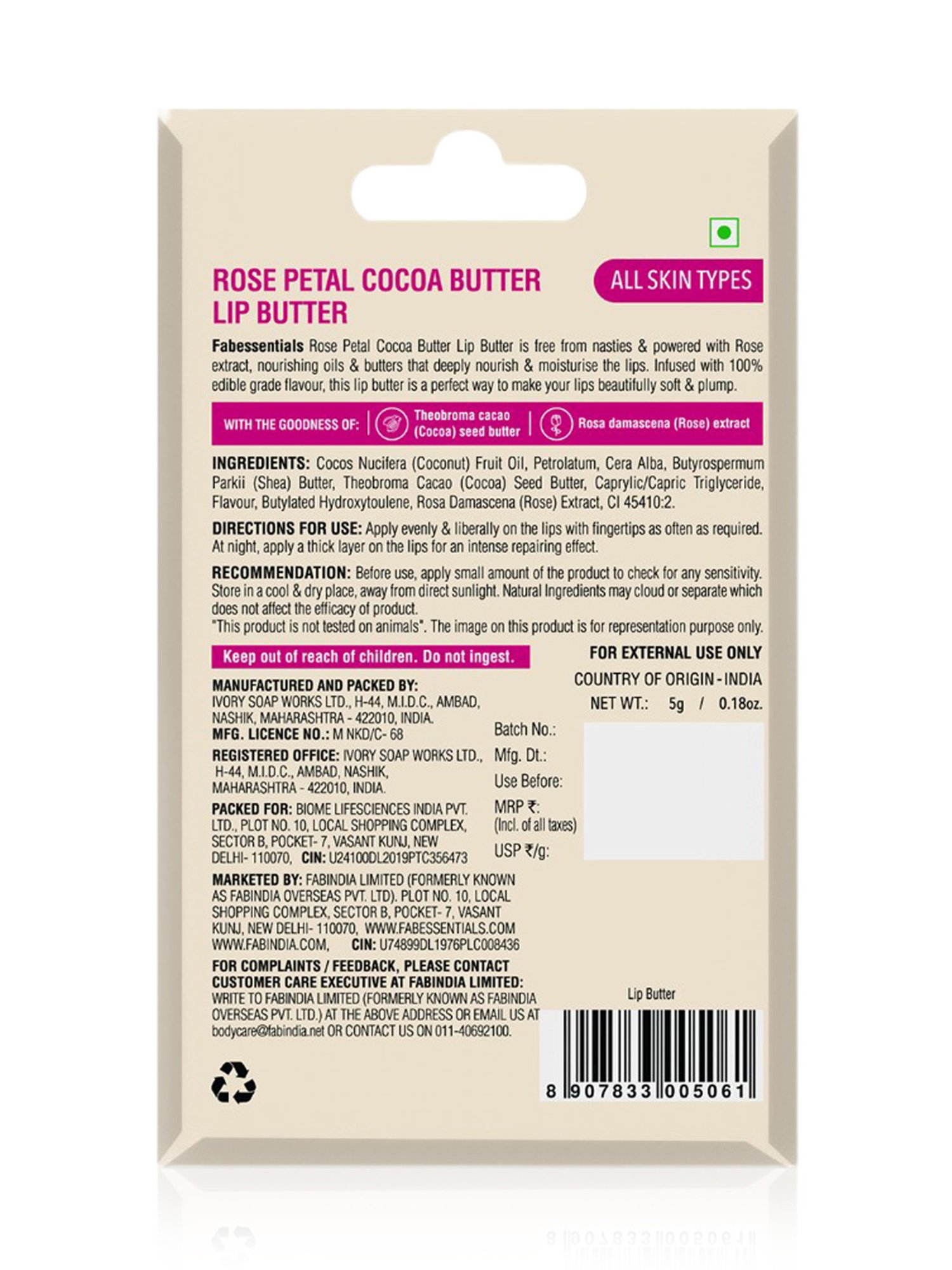 Fabessentials Rose Petal & Cocoa Butter Lip Butter - 5 gm