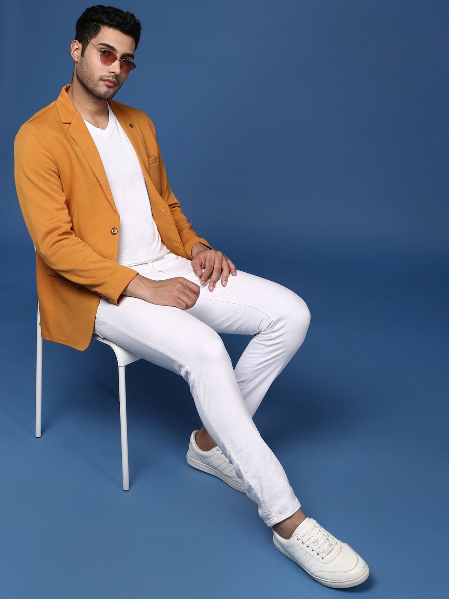 Showoff Mustard Cotton Slim Fit Blazer