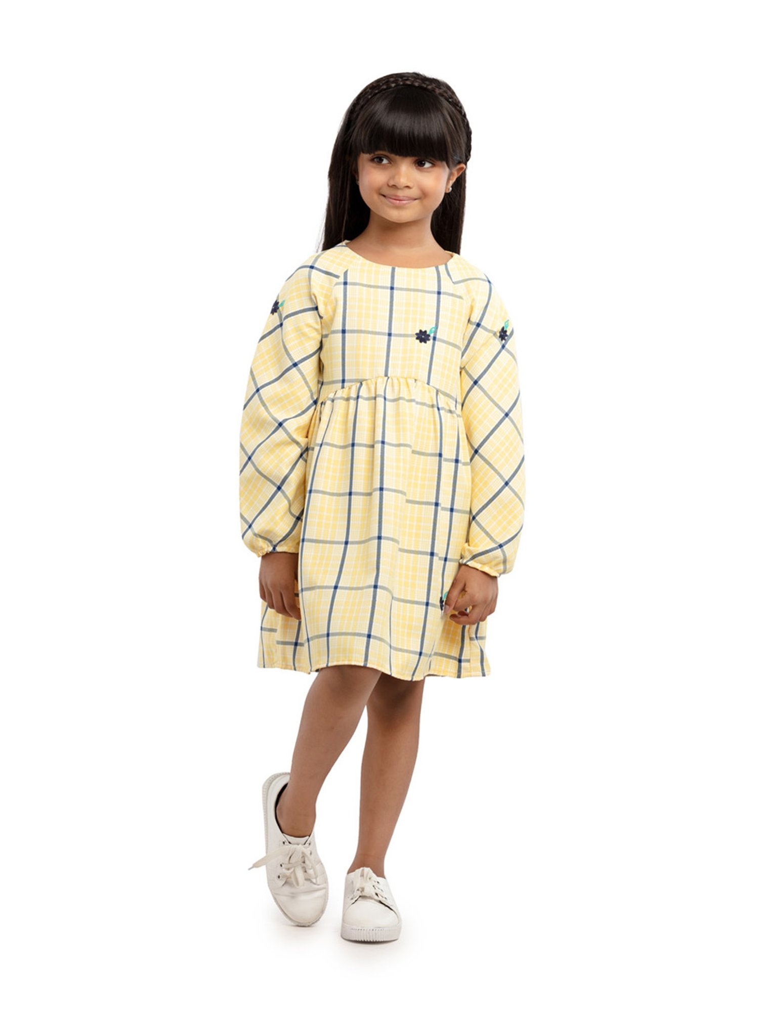 Under Fourteen Only Kids Yellow Cotton Chequered Full Sleeves Dress