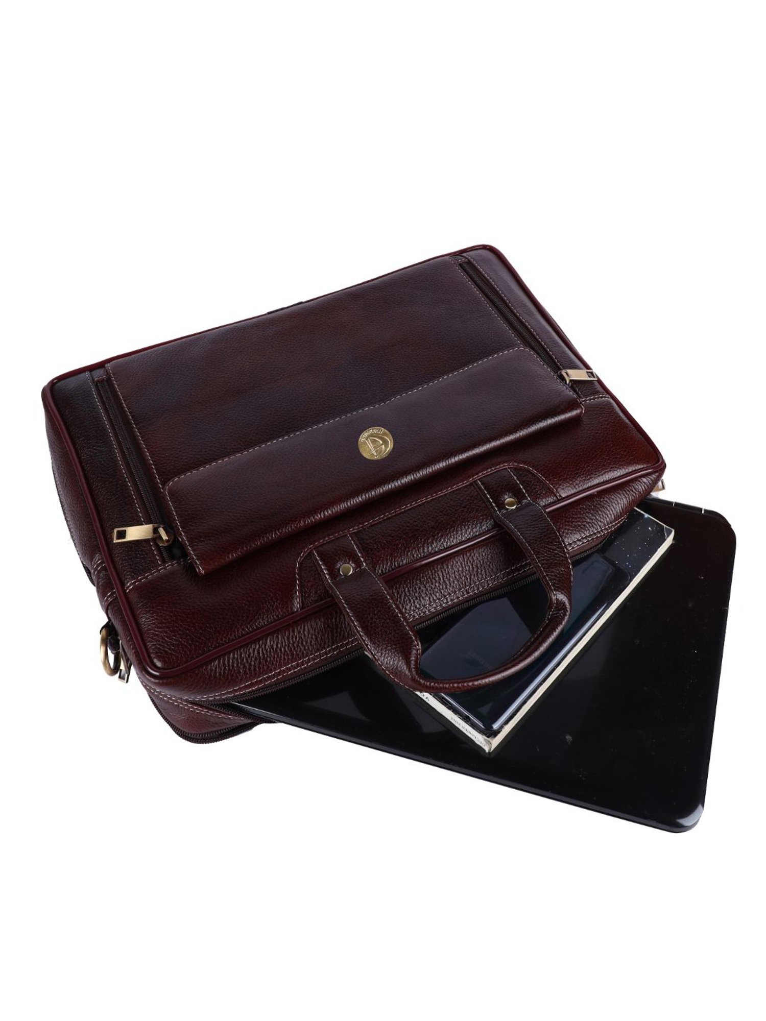 HiLEDER 100% Pure Genuine Leather  Spacious Briefcase Laptop Messenger Travel Office Bag, Brown