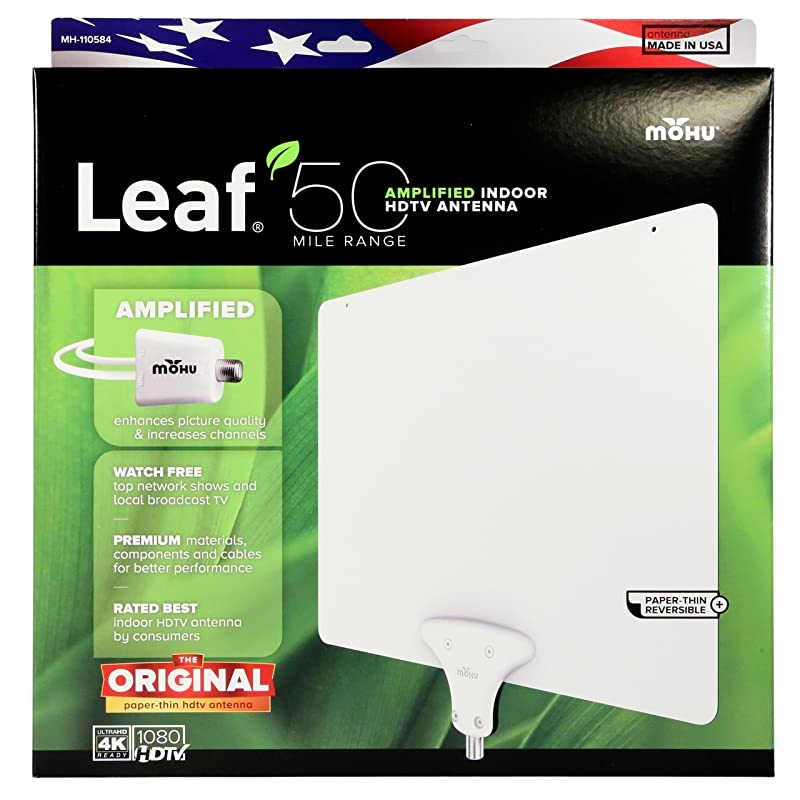 Leaf 50 Amplified Indoor TV Antenna, 60-Mile Range, UHF/VHF Multi-directional, Paper-Thin, 16 ft. Coaxial Cable, 15dB Amplifier with USB Cable, Reversibile, Paintable, 4K-Ready HDTV, MH-110584