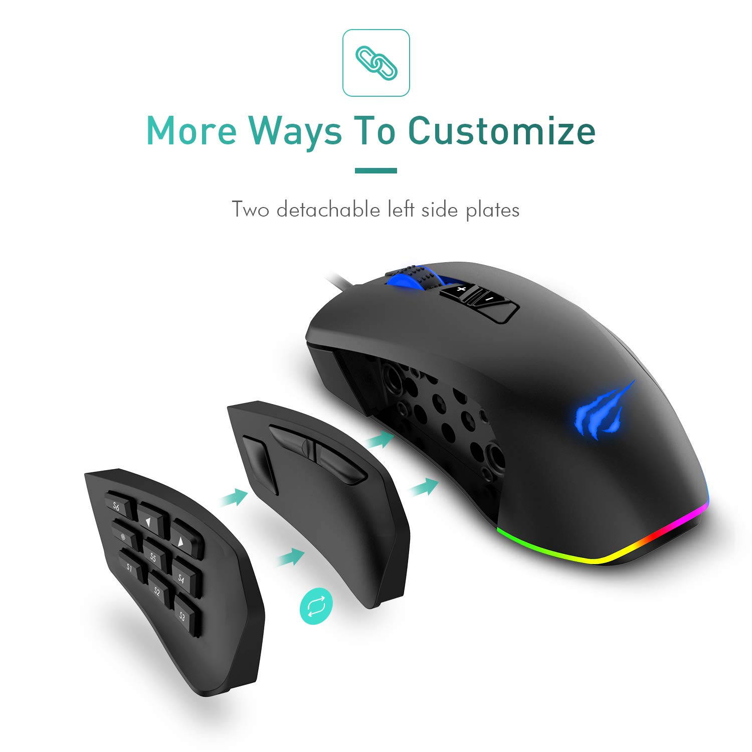 Havit Gaming Mouse 5000 DPI Computer Ergonomic Wired Mice with 14 Programmable Buttons Interchangeable Side Plates (8 Buttons/ 8+6 Side Buttons Mouses), 2 Replaceable Right Plates for Laptop PC Gamer