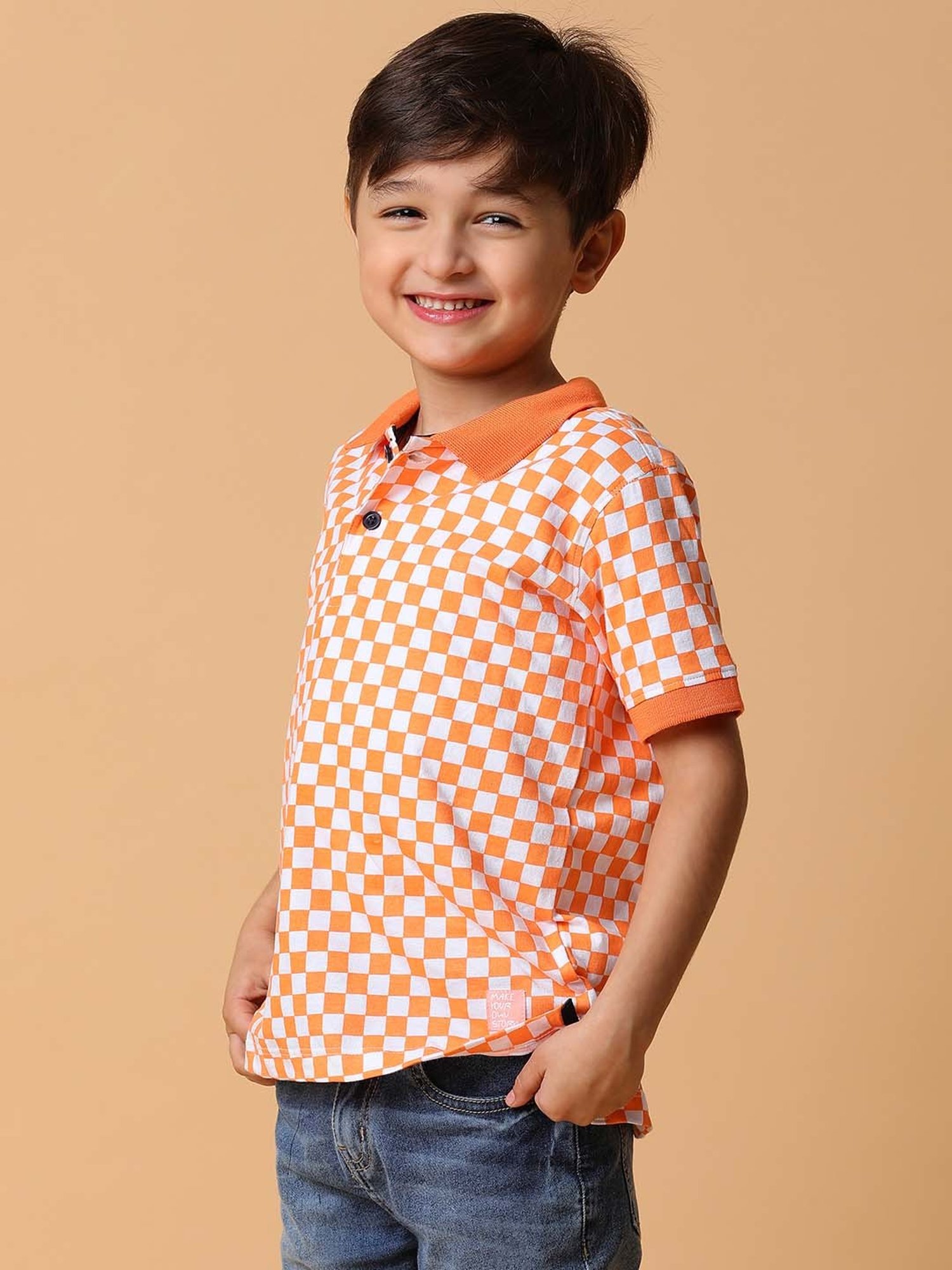 Tales & Stories Kids Orange & White Cotton Chequered Polo T-Shirt