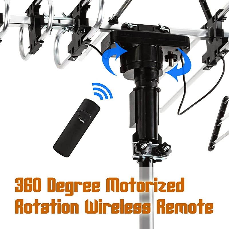 Outdoor HD TV Antenna Strongest Up to 200 Miles Long Range with Motorized 360 Degree Rotation, UHF/VHF/FM Radio with Infrared Remote Control Advanced Design Plus Installation Kit