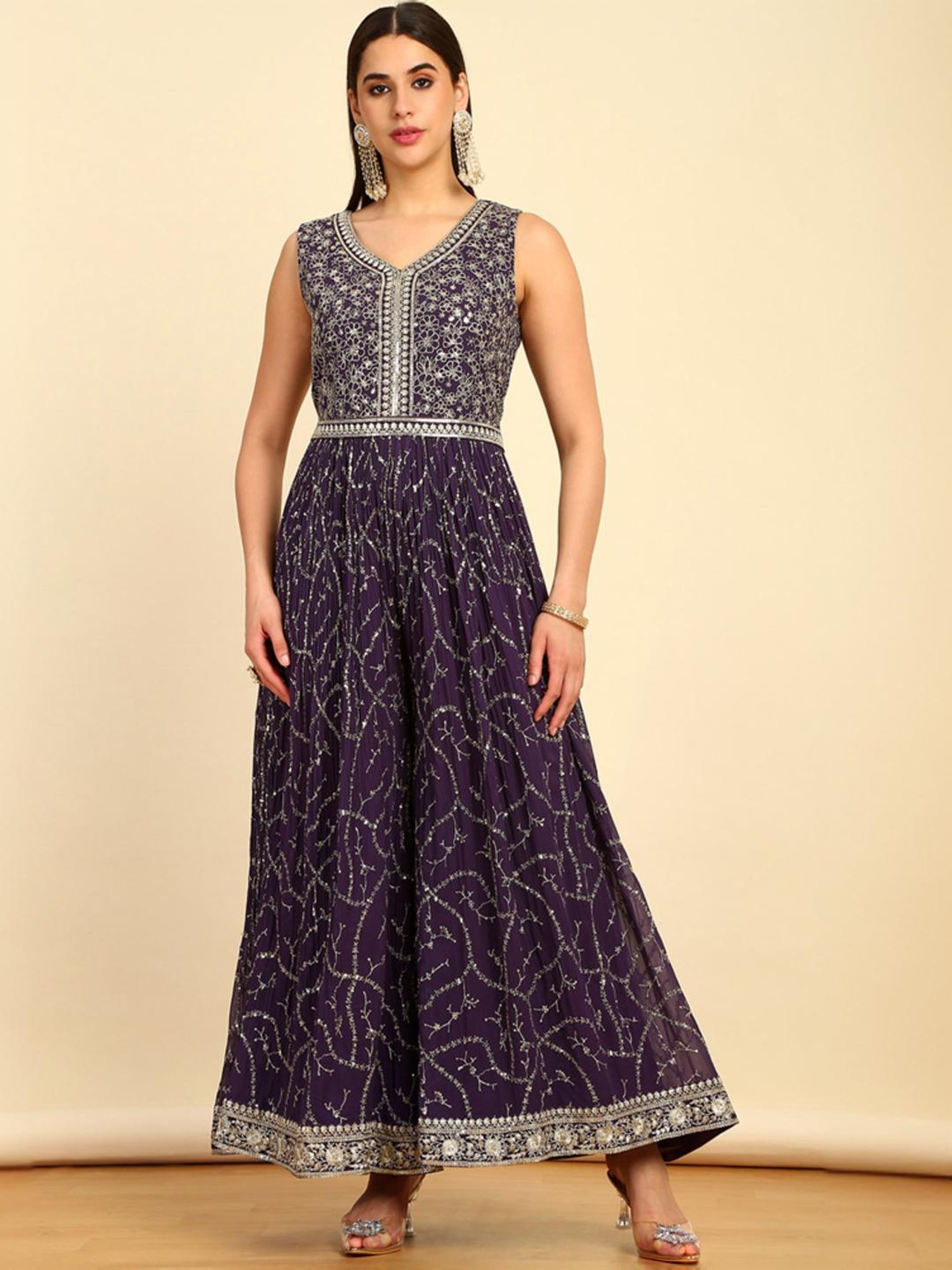 Soch Womens Purple Sequinned Embellished Georgette Jumpsuit With Dupatta
