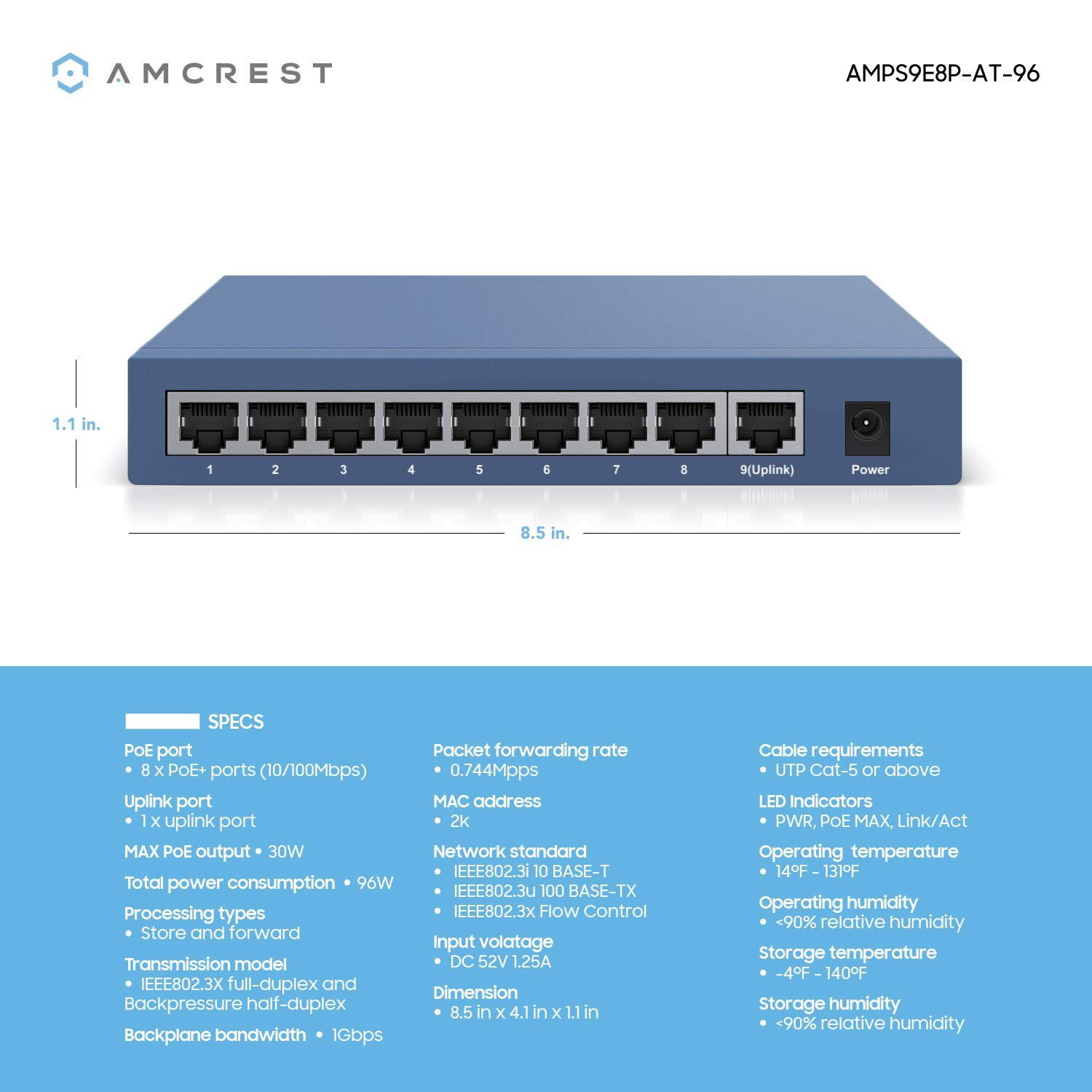Amcrest 9-Port POE+ Power over Ethernet POE Switch with Metal Housing, 8-Ports POE+ 802.3at 96w (AMPS9E8P-AT-96)