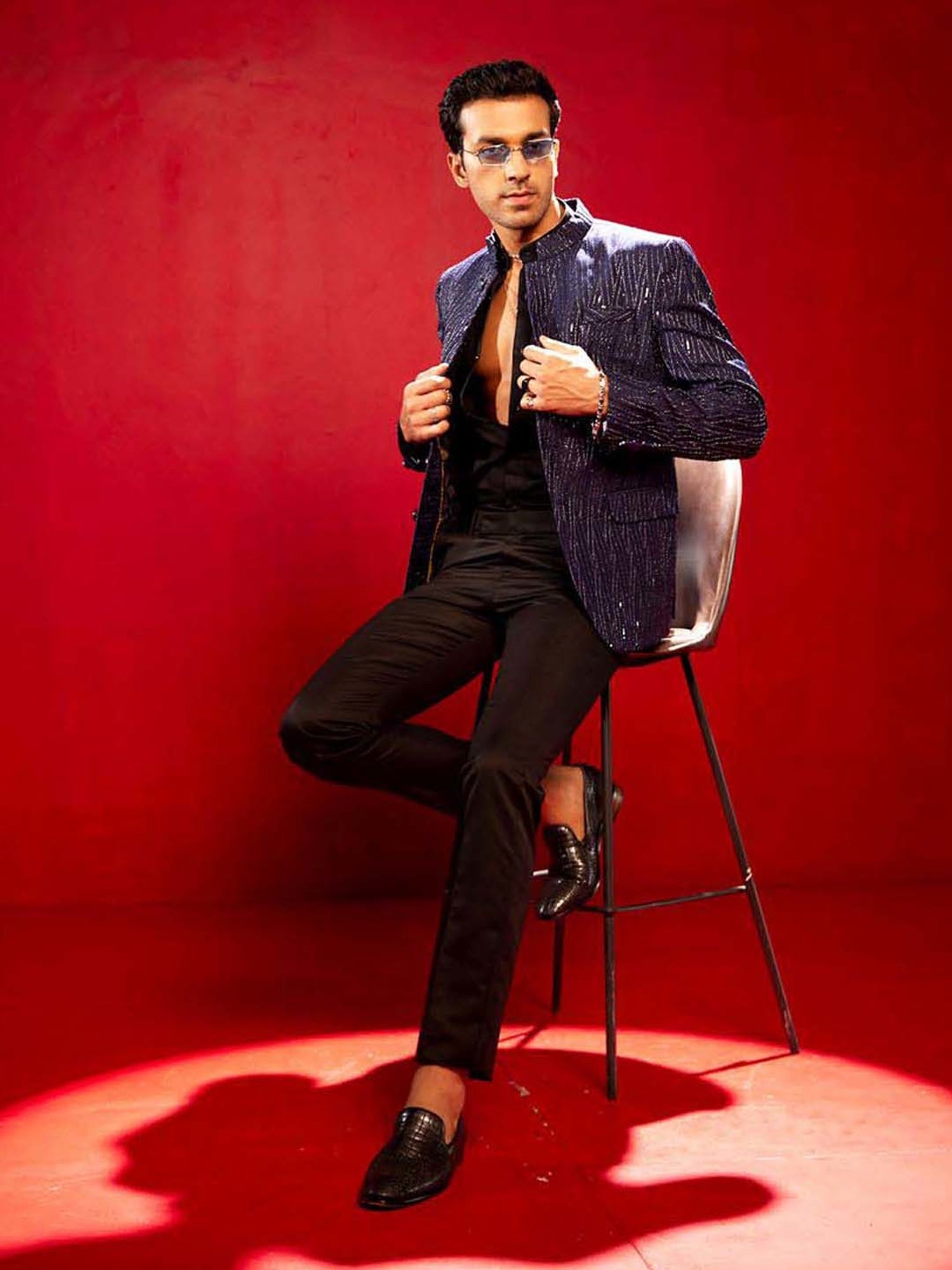 Vastramay Navy Regular Fit Printed Ethnic Blazer