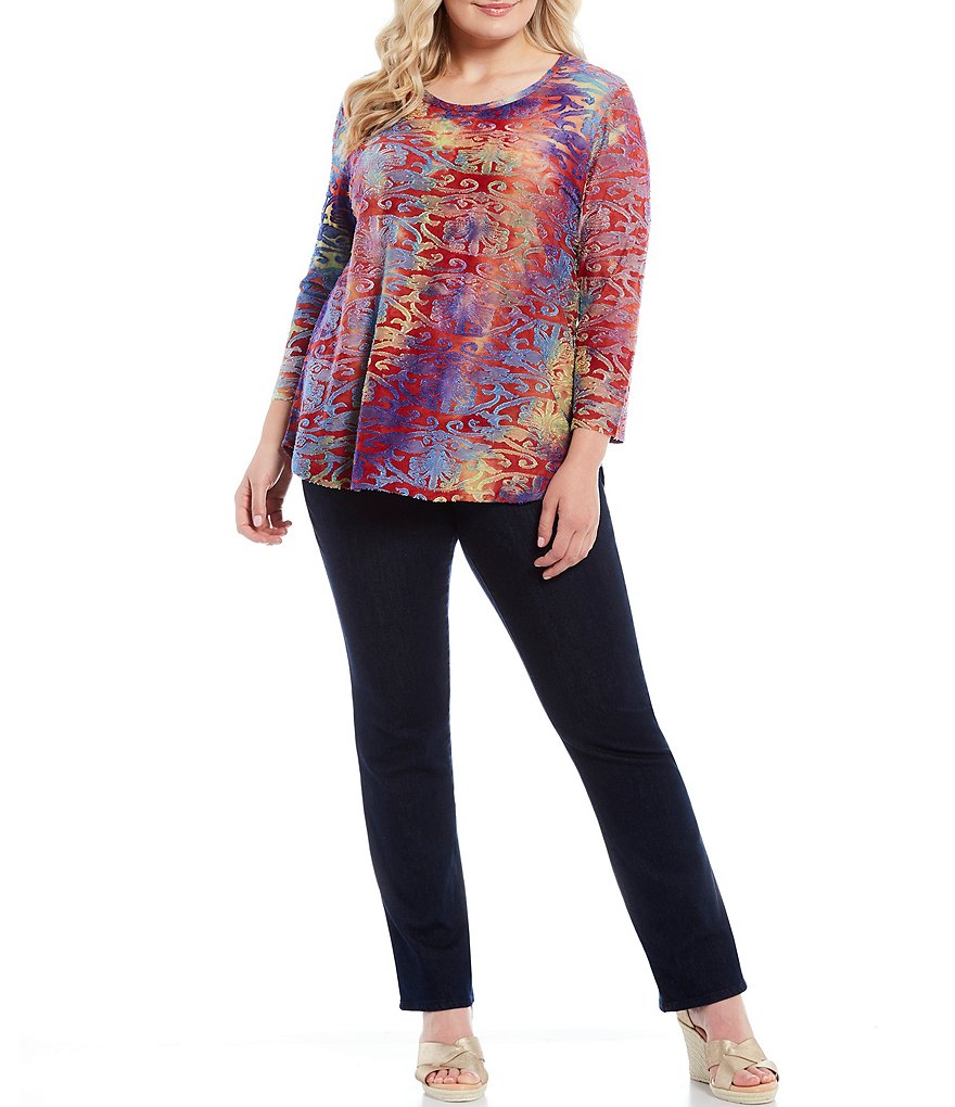 Calessa Plus Size Multicolor Burnout Scoop Neck 3/4 Sleeve Top