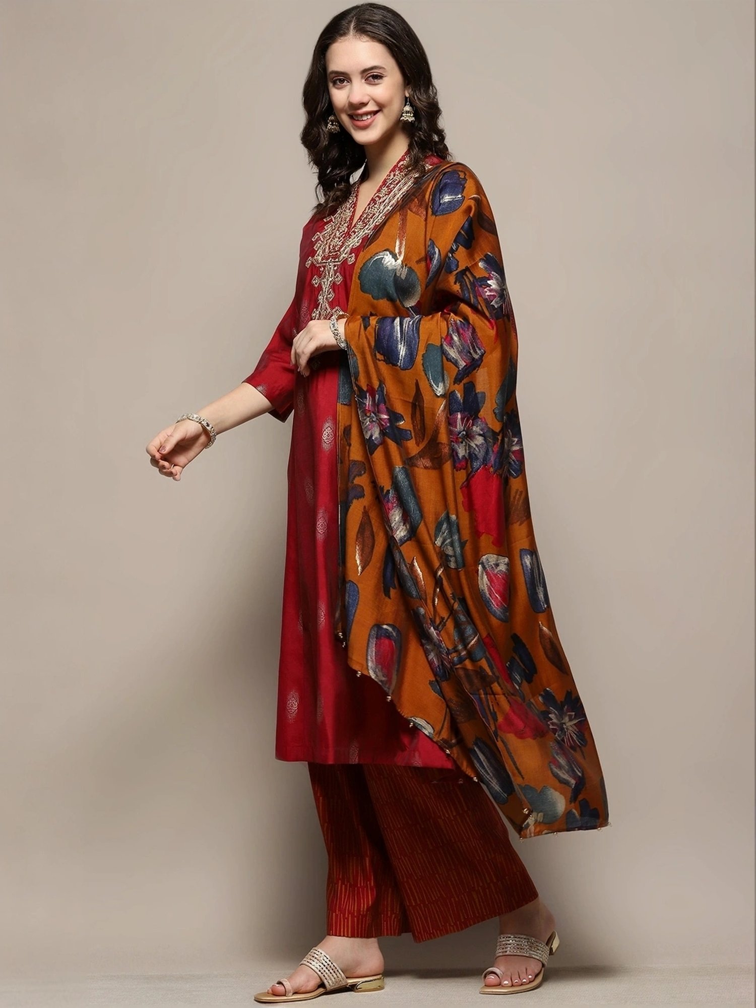 Biba Maroon Embroidered Kurta & Palazzo Set With Dupatta