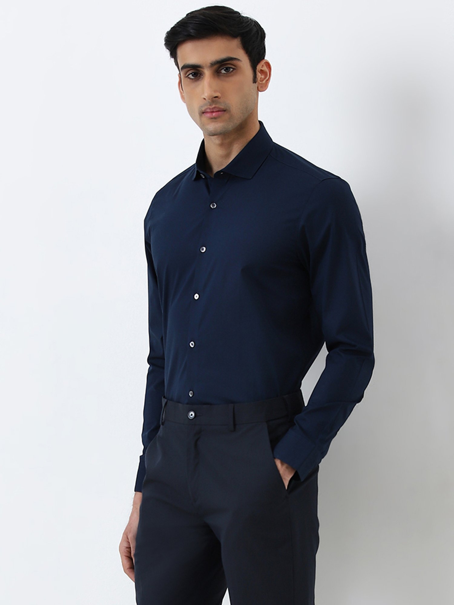 WES Formals by Westside Navy Solid Ultra Slim-Fit Cotton Blend Shirt
