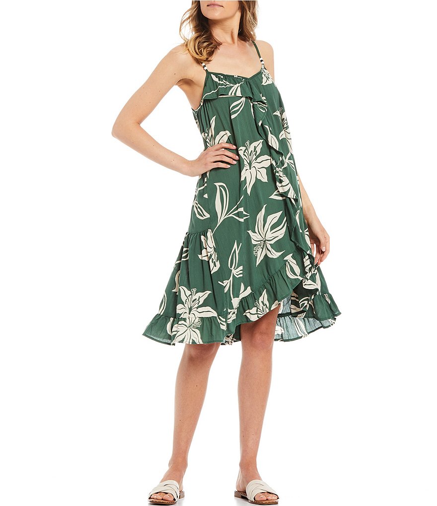 Angie Tropical Leaf Ruffle Asymmetric Hem Dress