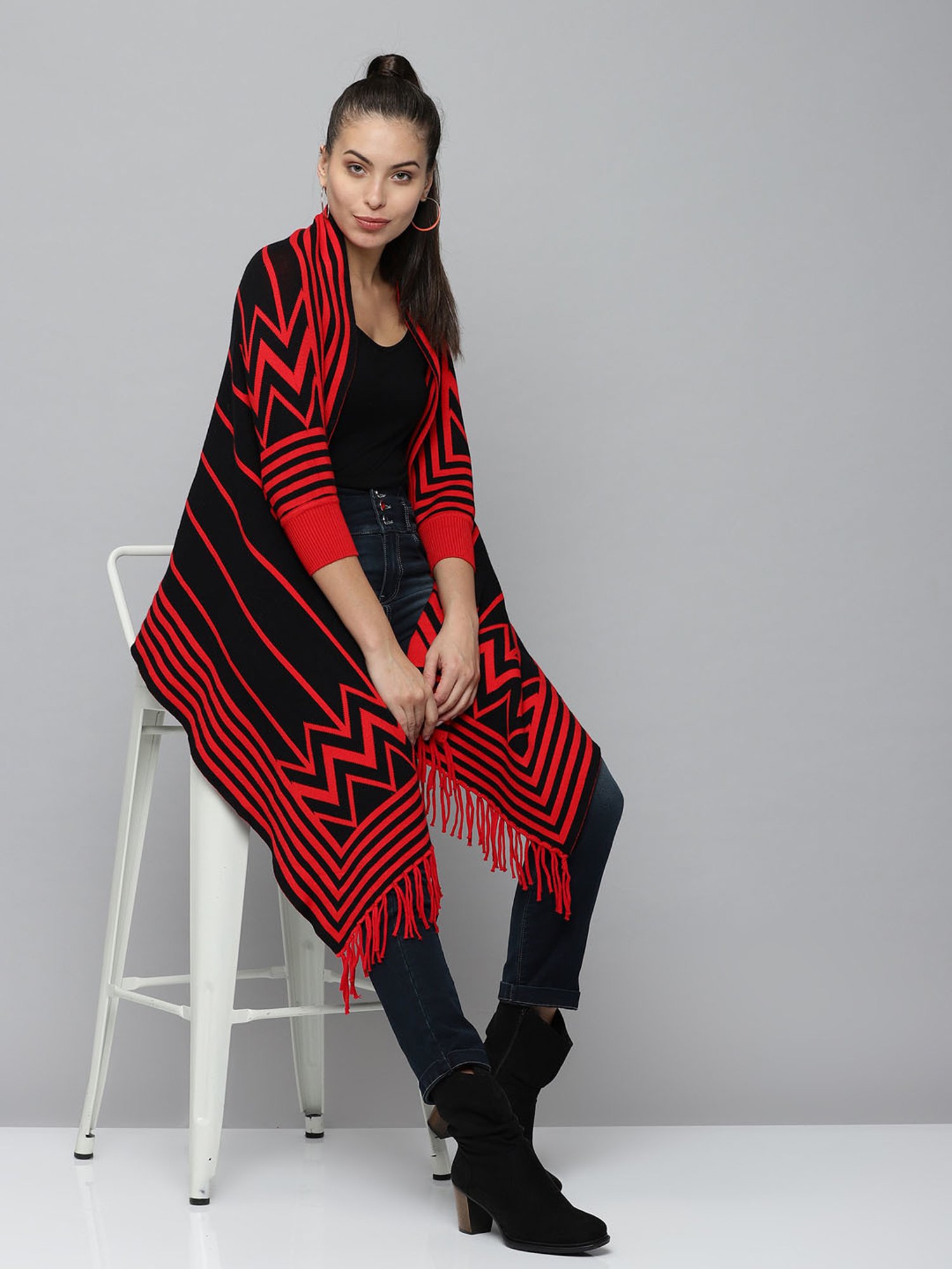 SHOWOFF Red & Black Striped Poncho