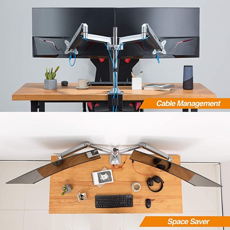 Dual 13"-32" Monitor Arm Desk Mount fits Two Flat/Curved Monitor Full Motion Height Swivel Tilt Rotation Adjustable Monitor Arm - Extra Tall Pole/VESA/C-Clamp/Grommet/Cable Management