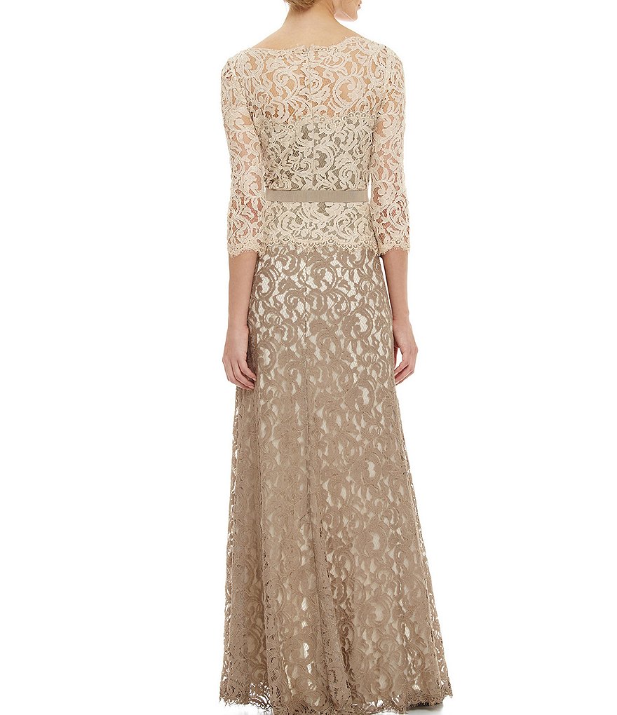 Tadashi Shoji Illusion Neck 3/4 Sleeve Two Tone Lace Gown