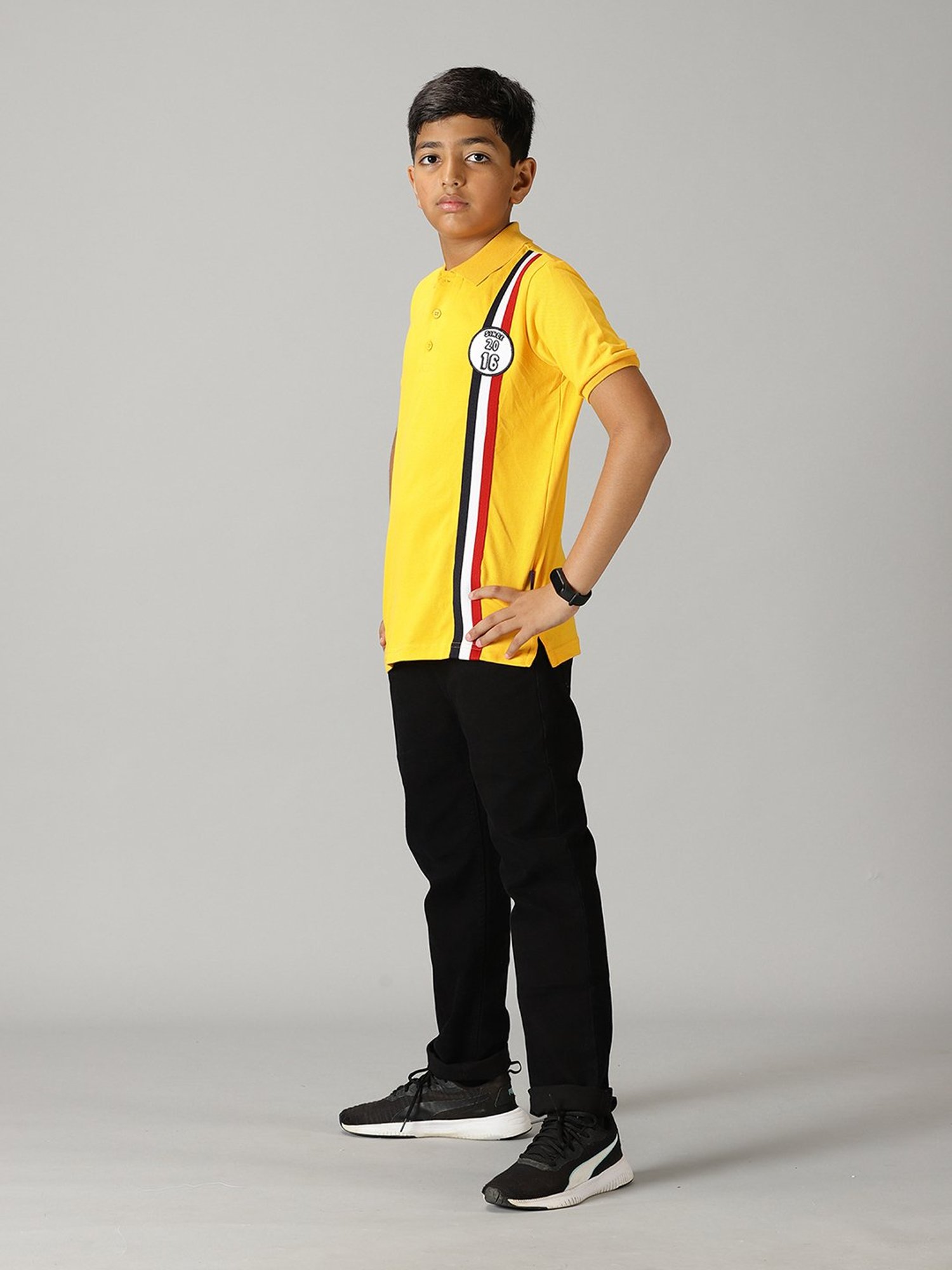 Kiddopanti Kids Yellow & Black Printed Polo T-Shirt with Jeans