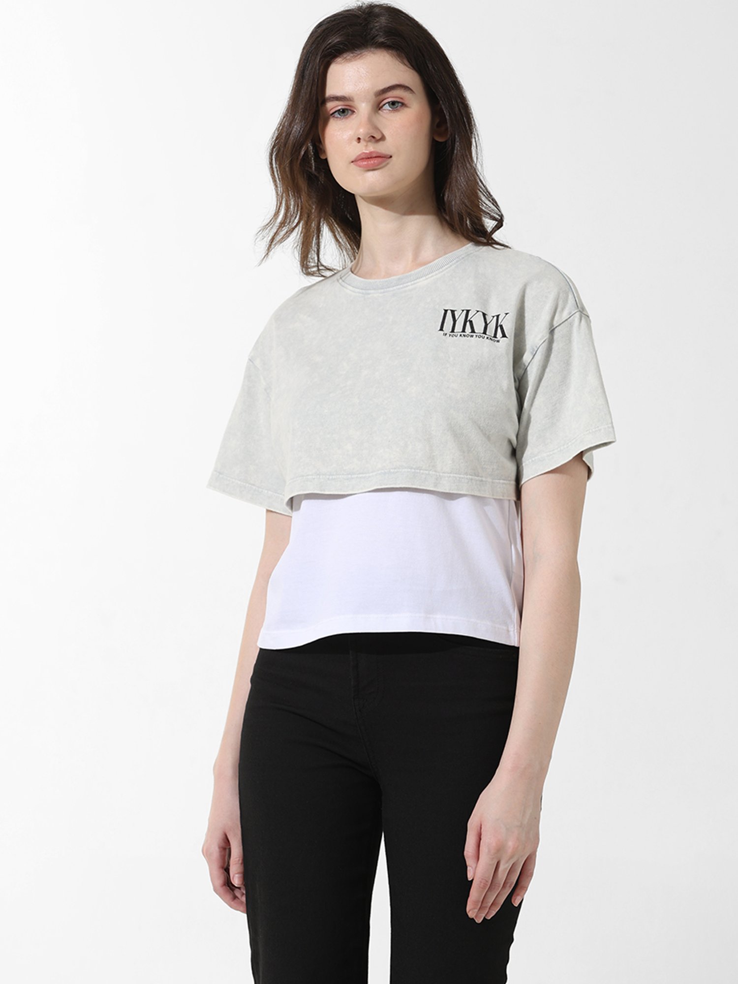 Only Grey & White Cotton Graphic Print T-Shirt