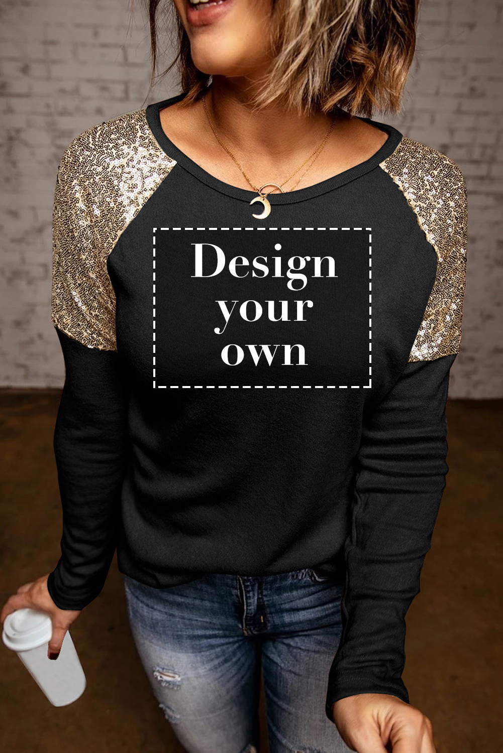 Blank Sweatshirt Black & Gold Raglan Sleeve Sequin Top Pullover Long Sleeve Shirt Customized