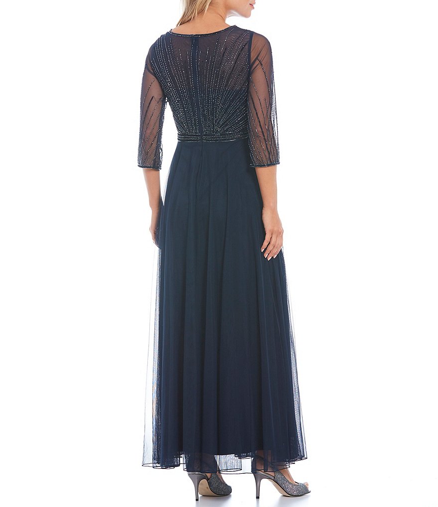 Jkara Petite Size 3/4 Sleeve Lined Illusion Crew Neck Beaded Gown