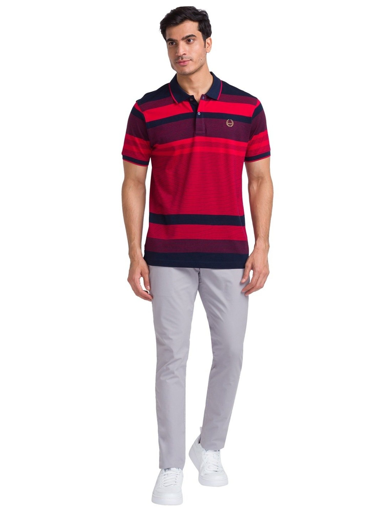 ColorPlus Red Cotton Tailored Fit Striped Polo T-Shirt