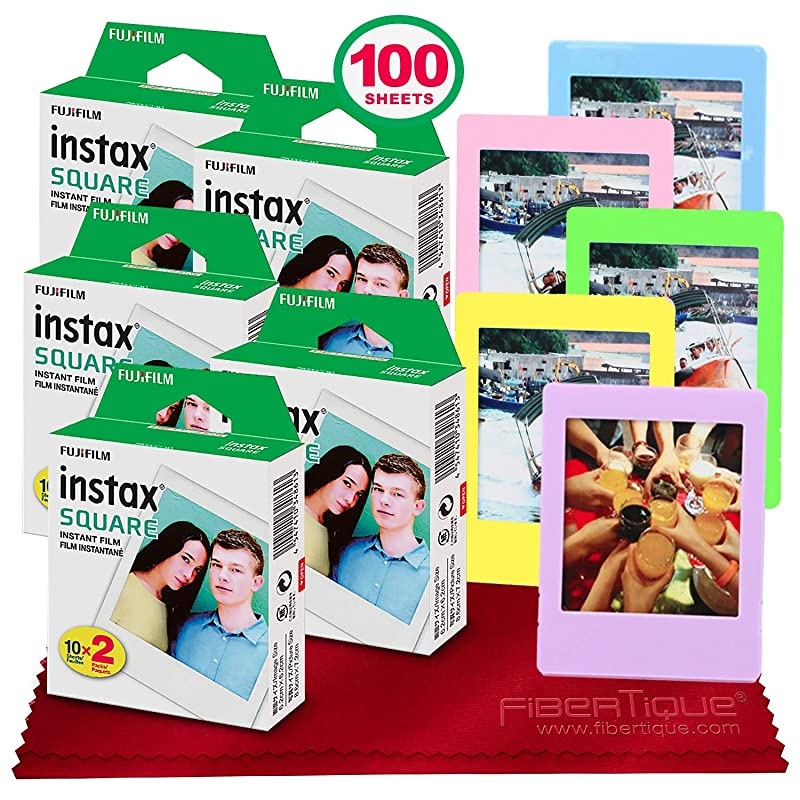 instax Square Instant Film 100 Exposures Compatible with  Instax Square SQ6 SQ10 and SQ20 Instant Cameras + 5 Color Picture Frames + FiberTique Cleaning Cloth