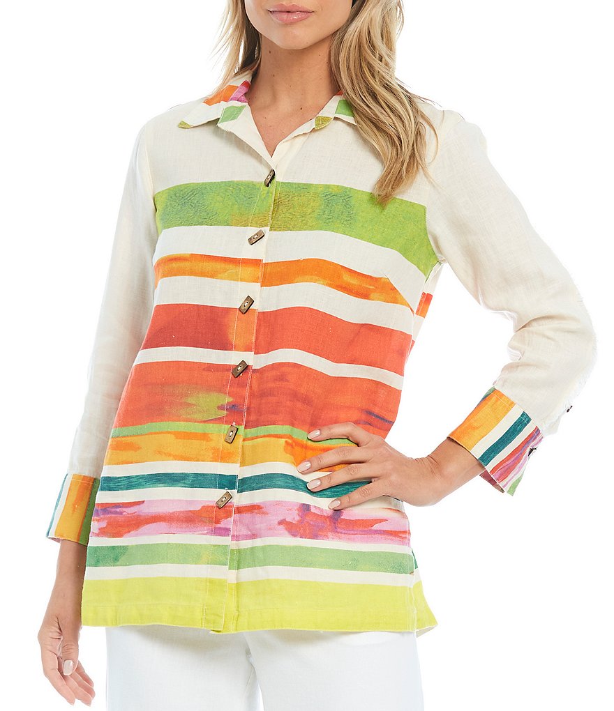 John Mark Abstract Stripe Print Button Front Wire Neck 3/4 Sleeve Linen Tunic