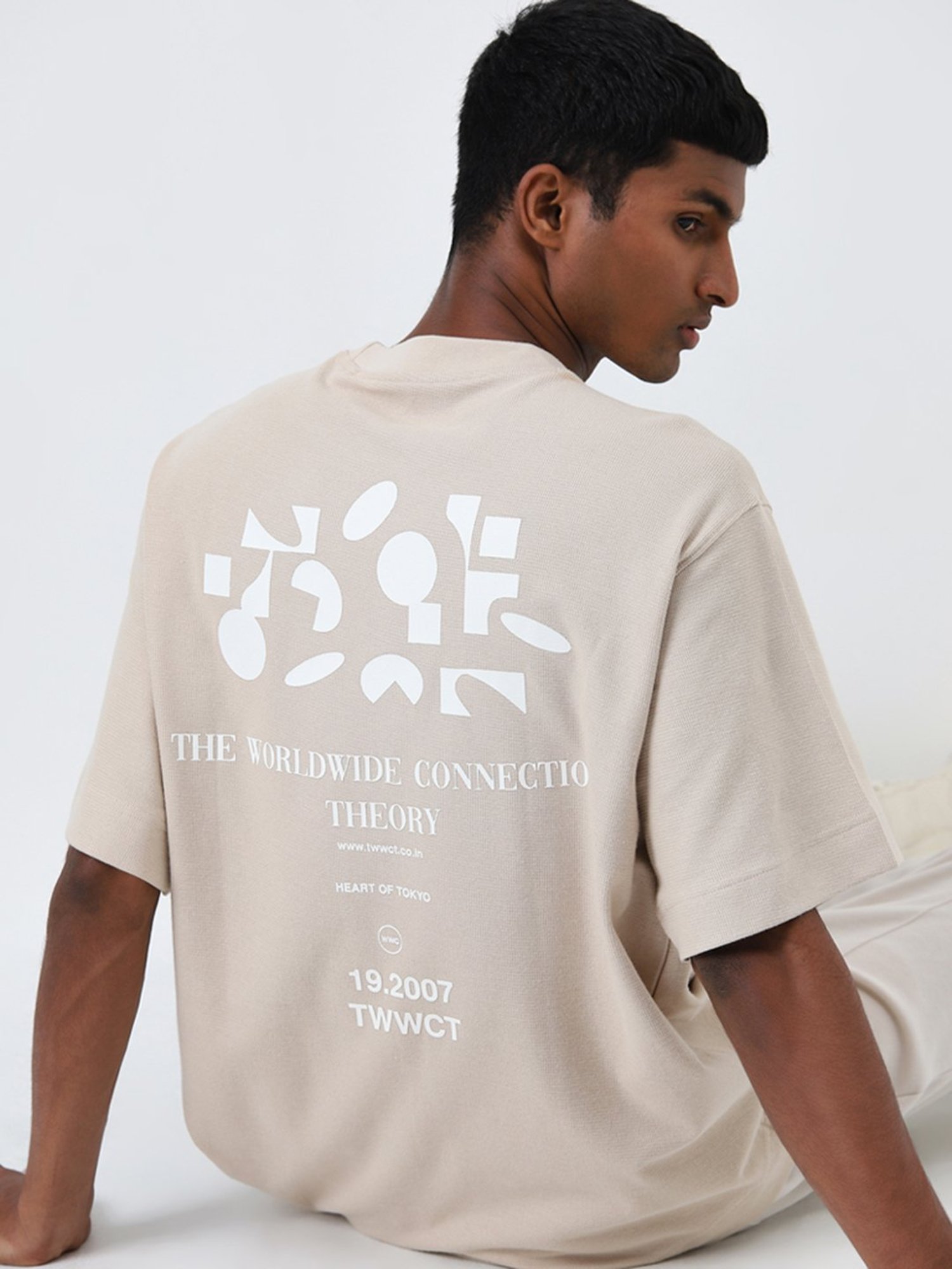 Studiofit by Westside Beige Typographic Relaxed-Fit Cotton T-Shirt