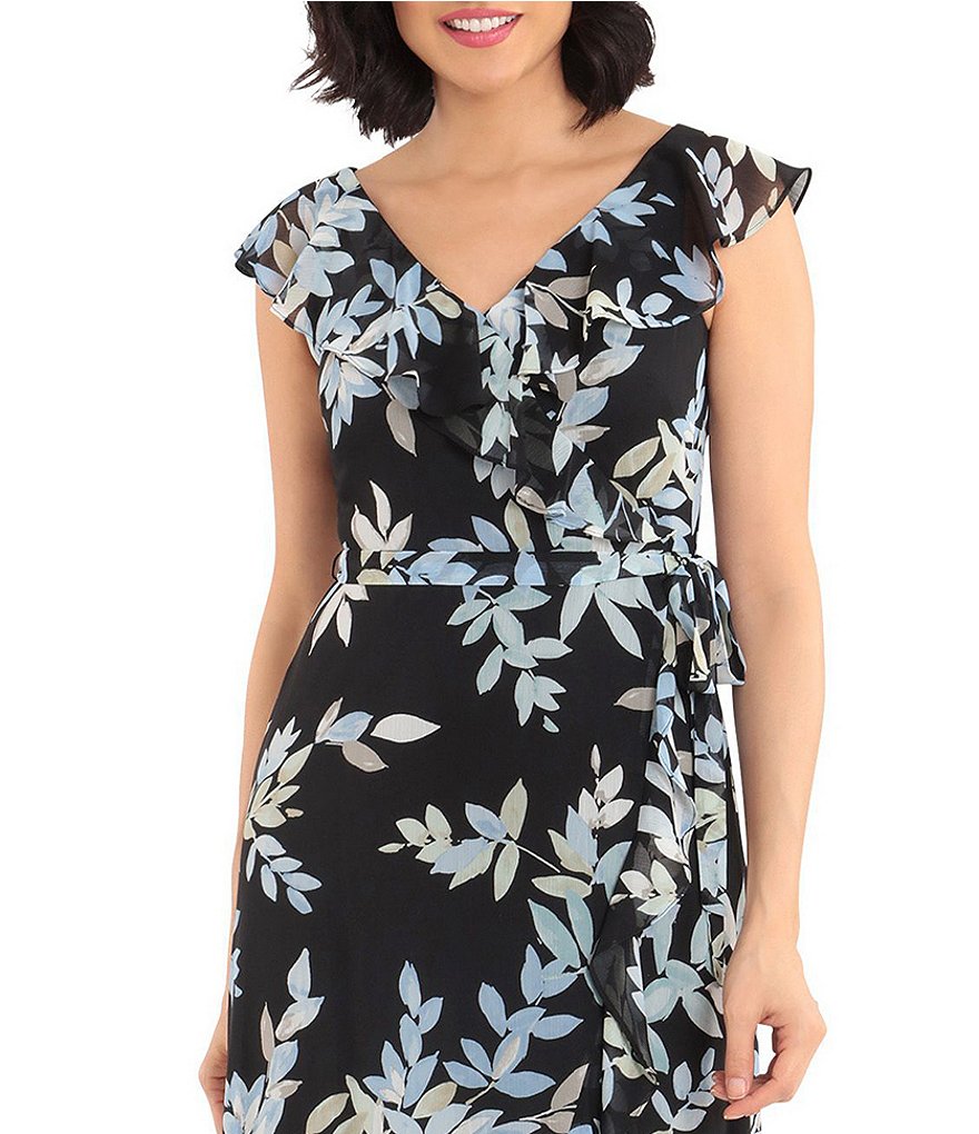 London Times Floral Print Chiffon Faux Wrap Flounce Hem Midi Dress