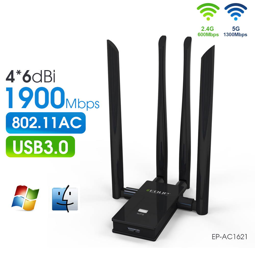 1900Mbps WiFi Adapter Dual Band WiFi USB 3.0 with 4X 6dbi Antenna 2T2R