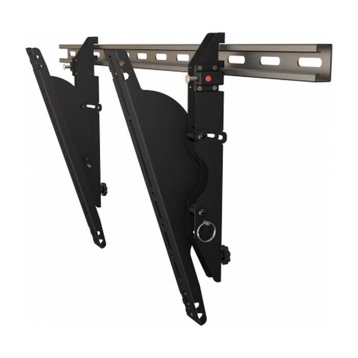 Wall mounted unistrut menu board brackets with plumb and tilt adjustment.