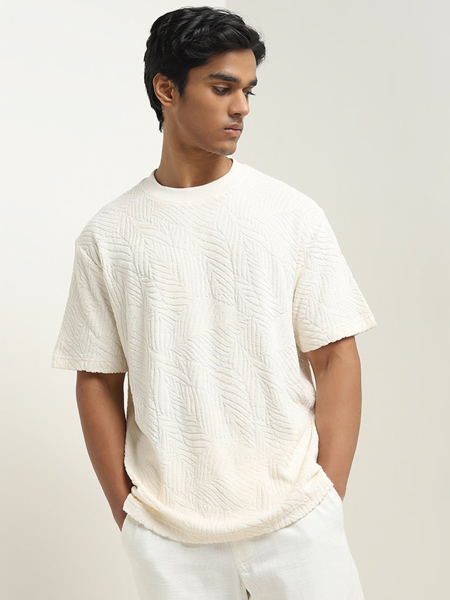 ETA by Westside Off-White Self-Textured Relaxed-Fit Cotton T-Shirt