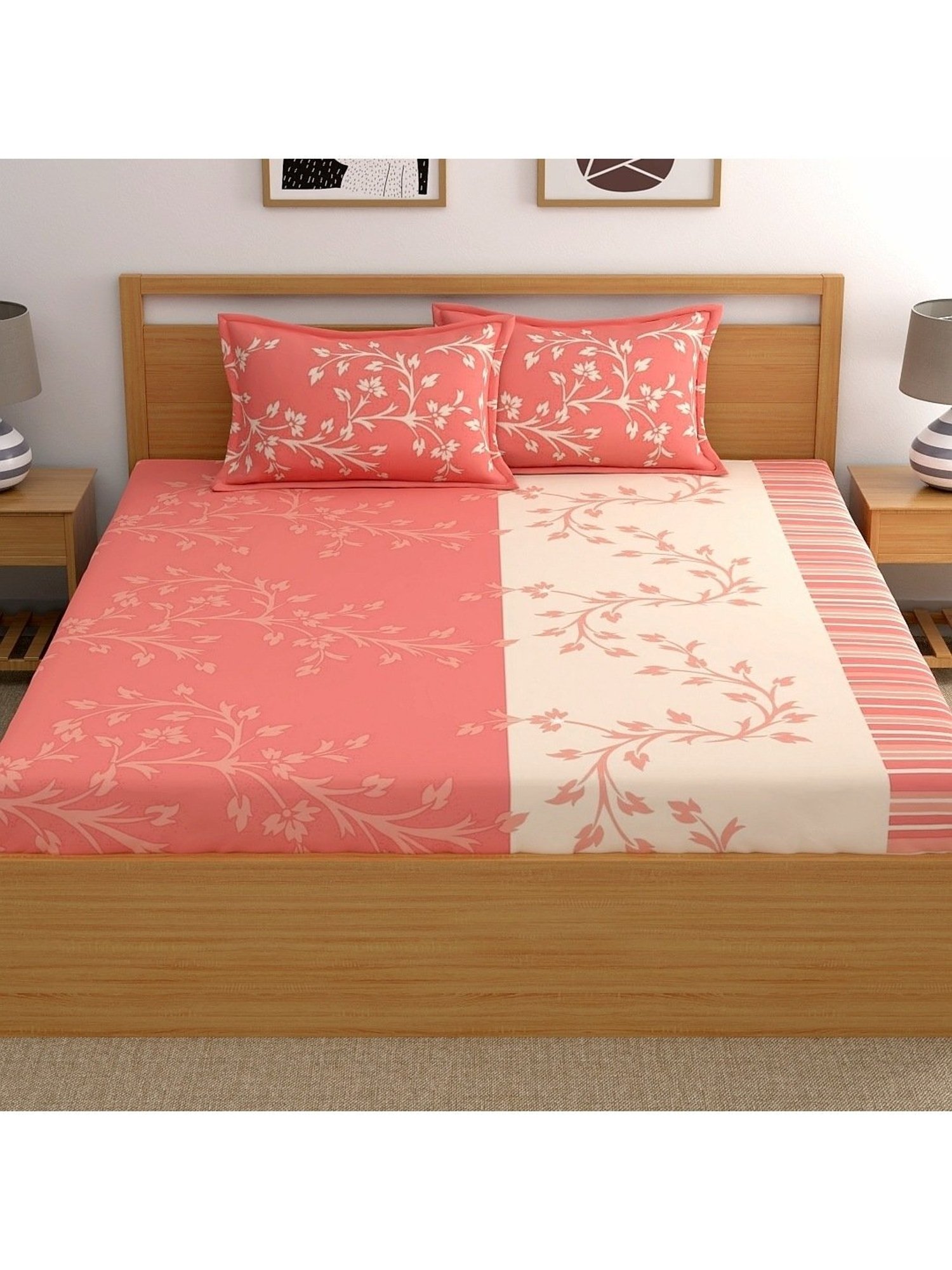 Dreamscape Floral Peach 140 TC Cotton King Bed Sheet with 2 Pillow Covers