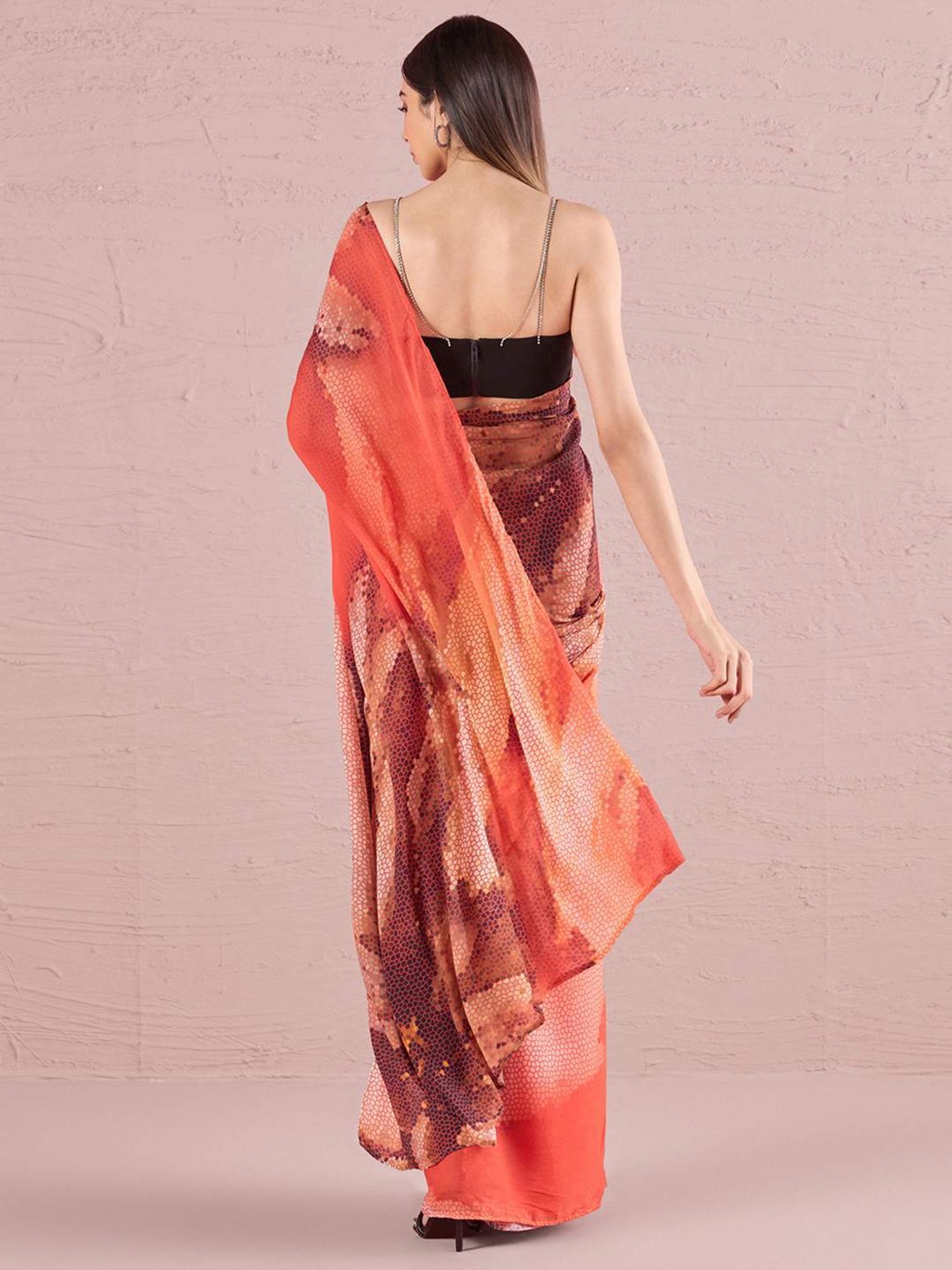 navyasa by liva Orange Printed Saree With Unstitched Blouse