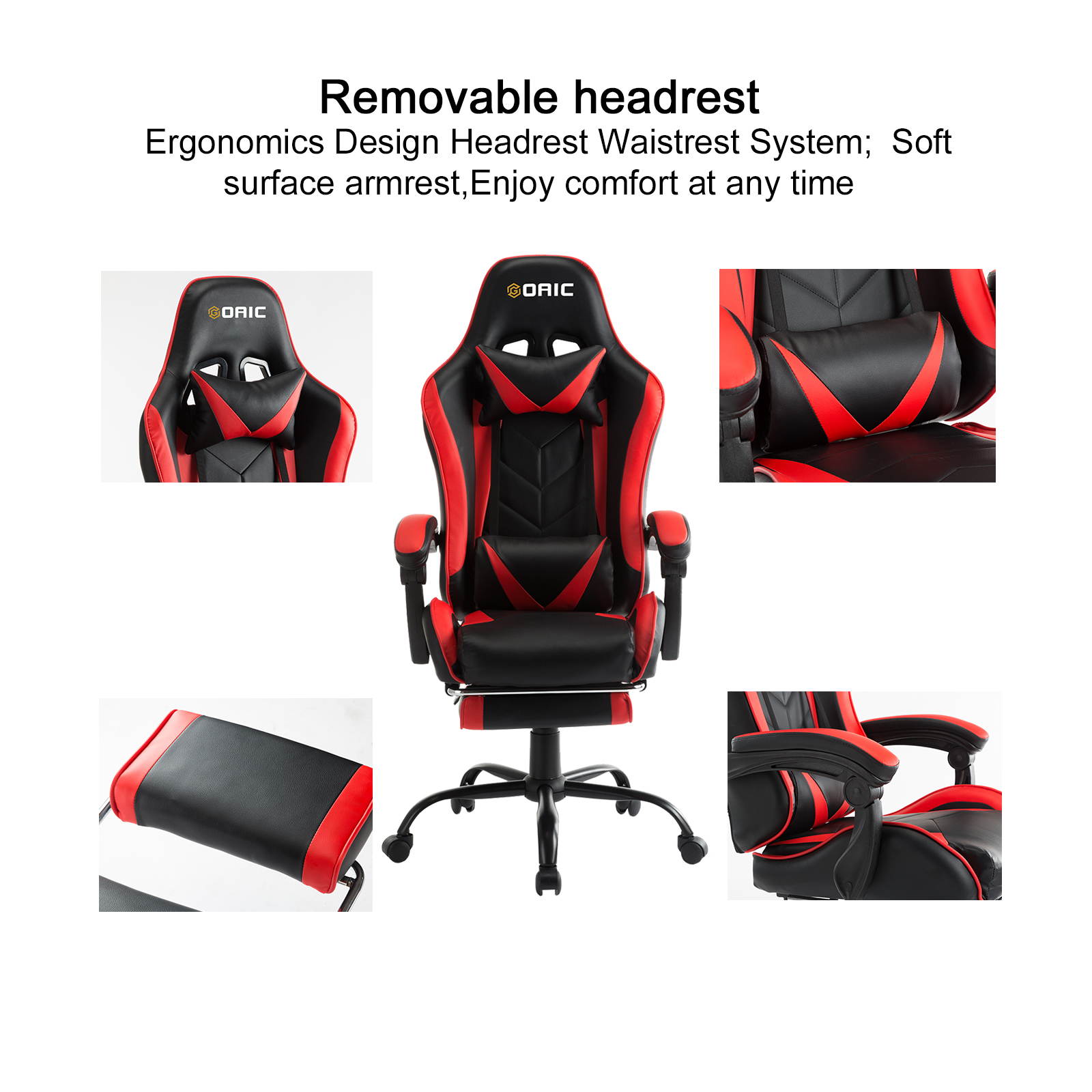 Goaic Gaming Chair PC Racing Game Chair Ergonomic 135&deg; Adjustable Reclining Office Chair with Footrest, High Back Office Desk Computer Chair with Headrest and Lumbar Pillow Support (White/Red)