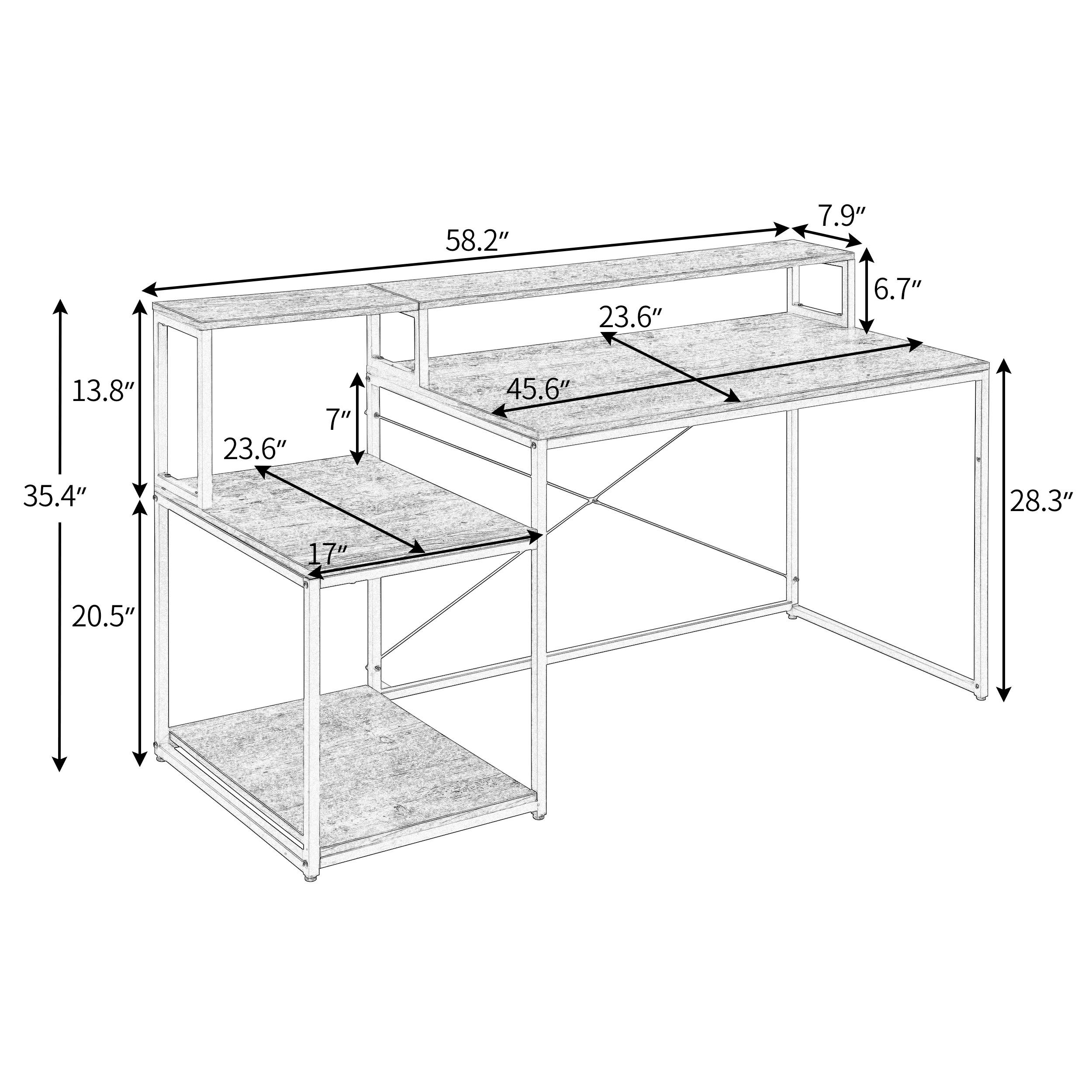 59" Home Office Computer Desk Study Writing Desk Computer Table Gaming Desk with Storage Shelves and Monitor Stand Riser Shelf Brown