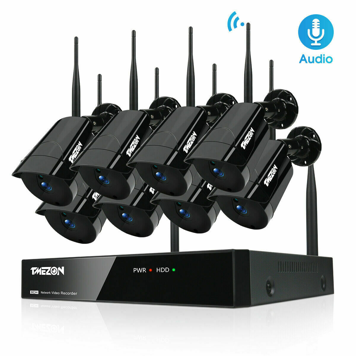 TMEZON Audio 2MP Wireless Security Camera System, 8CH Indoor Outdoor Video Surveillance NVR Systems with 2TB Hard Drive, 8Pcs 1080P Home WiFi IP Cameras, P2P, Waterproof, Night Vision, Remote Access
