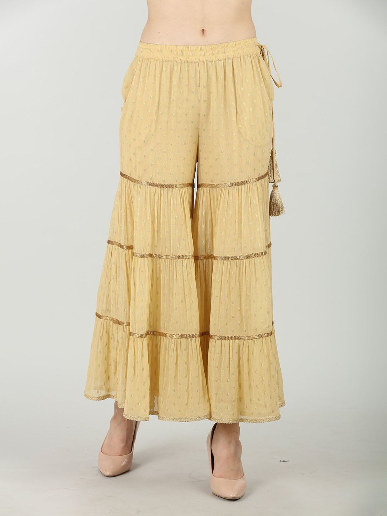 Mustard Beige Georgette Printed Sharara Pants