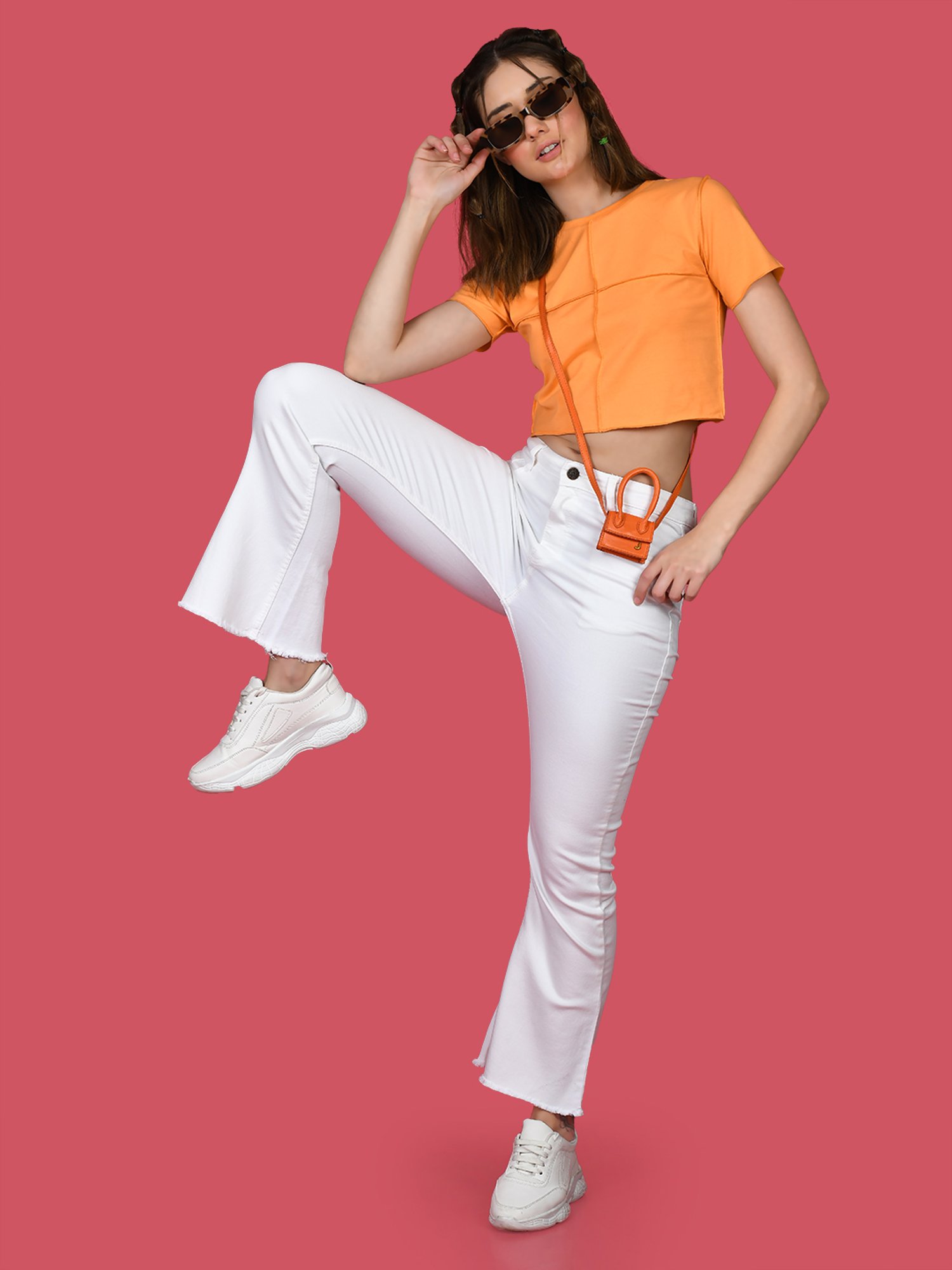 Zink London Orange Cotton Regular Fit Crop Top